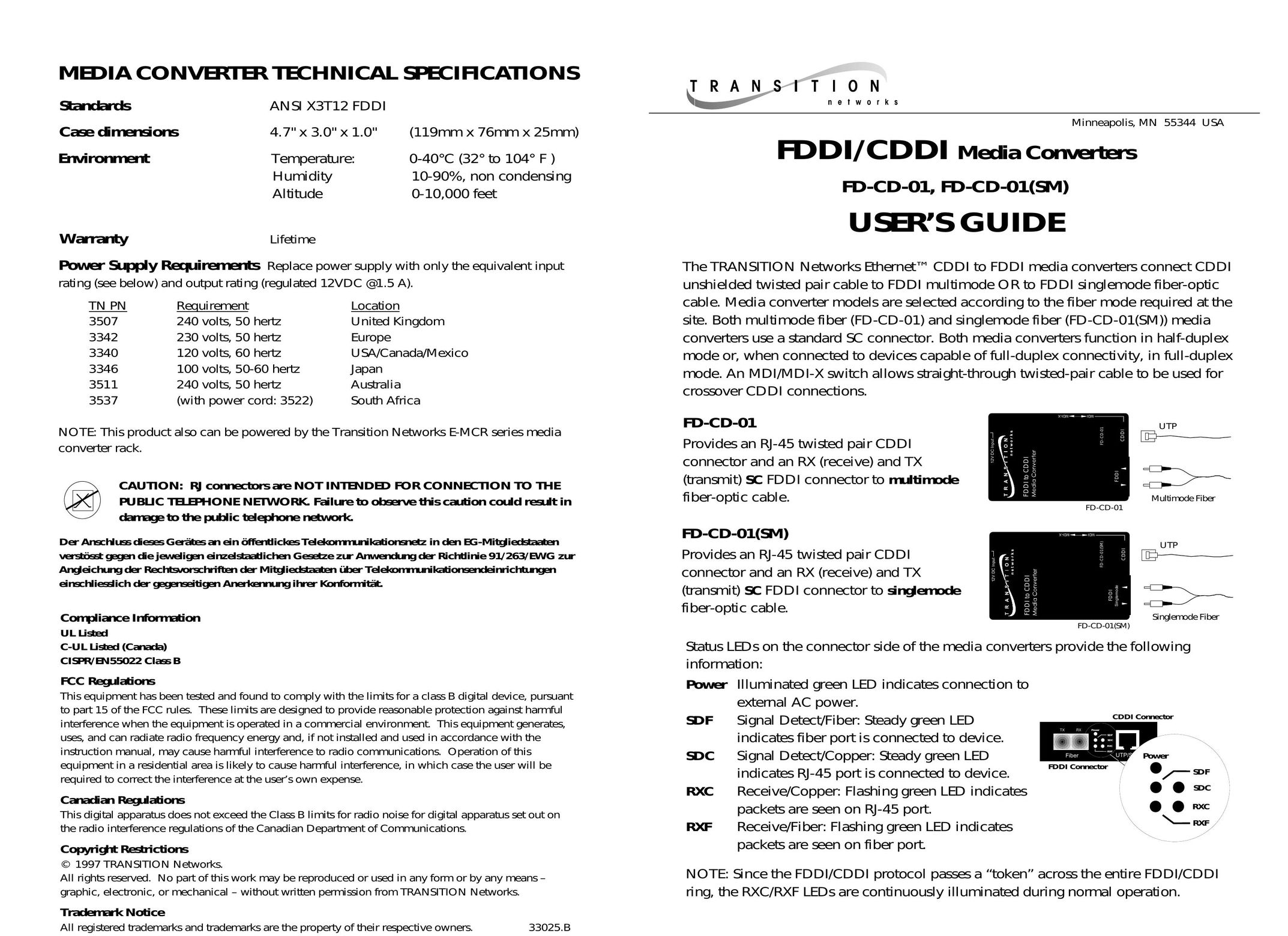 Transition Networks FD-CD-01 TV Converter Box User Manual