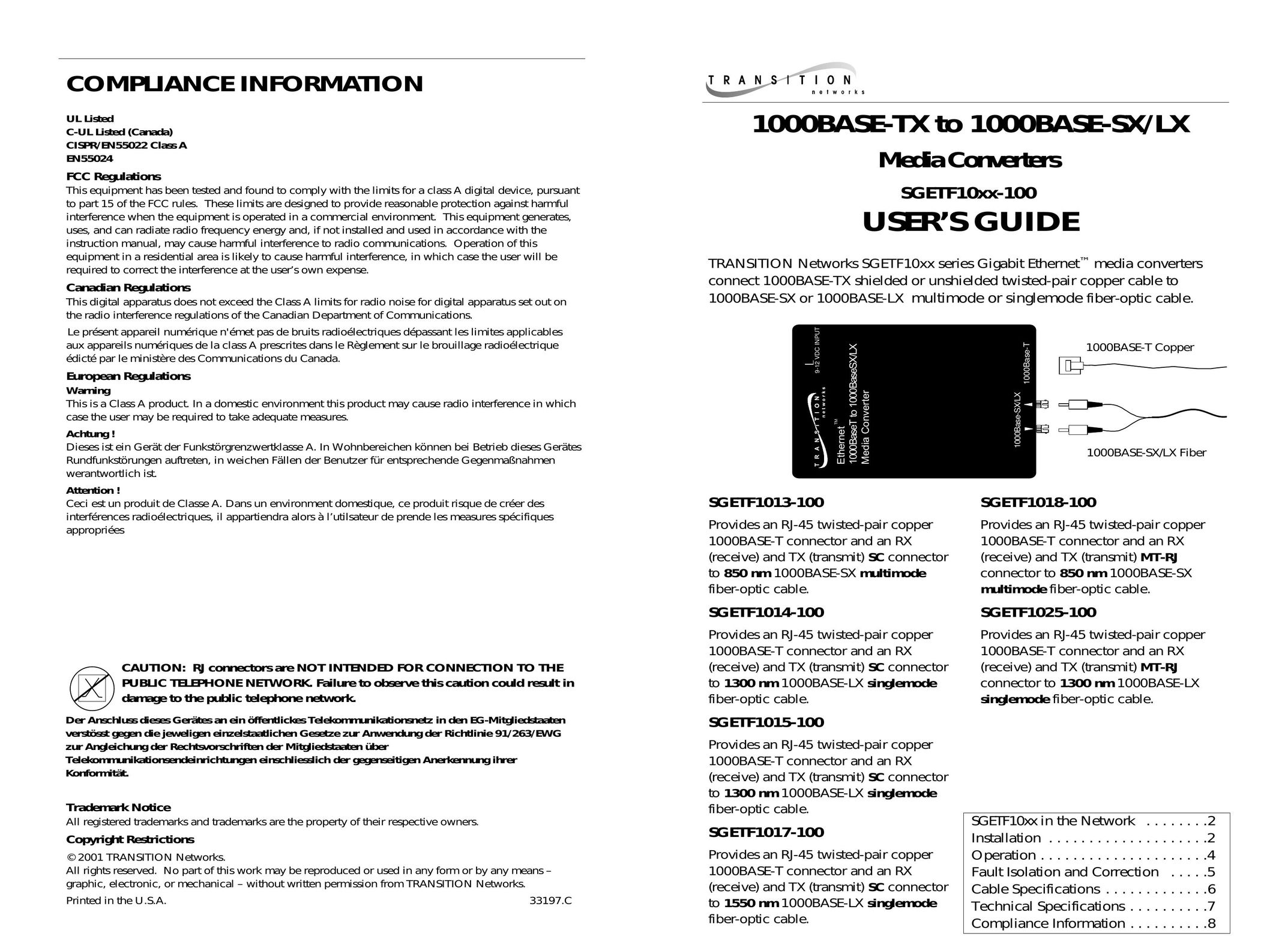 Transition Networks SGETF1013-100 TV Converter Box User Manual