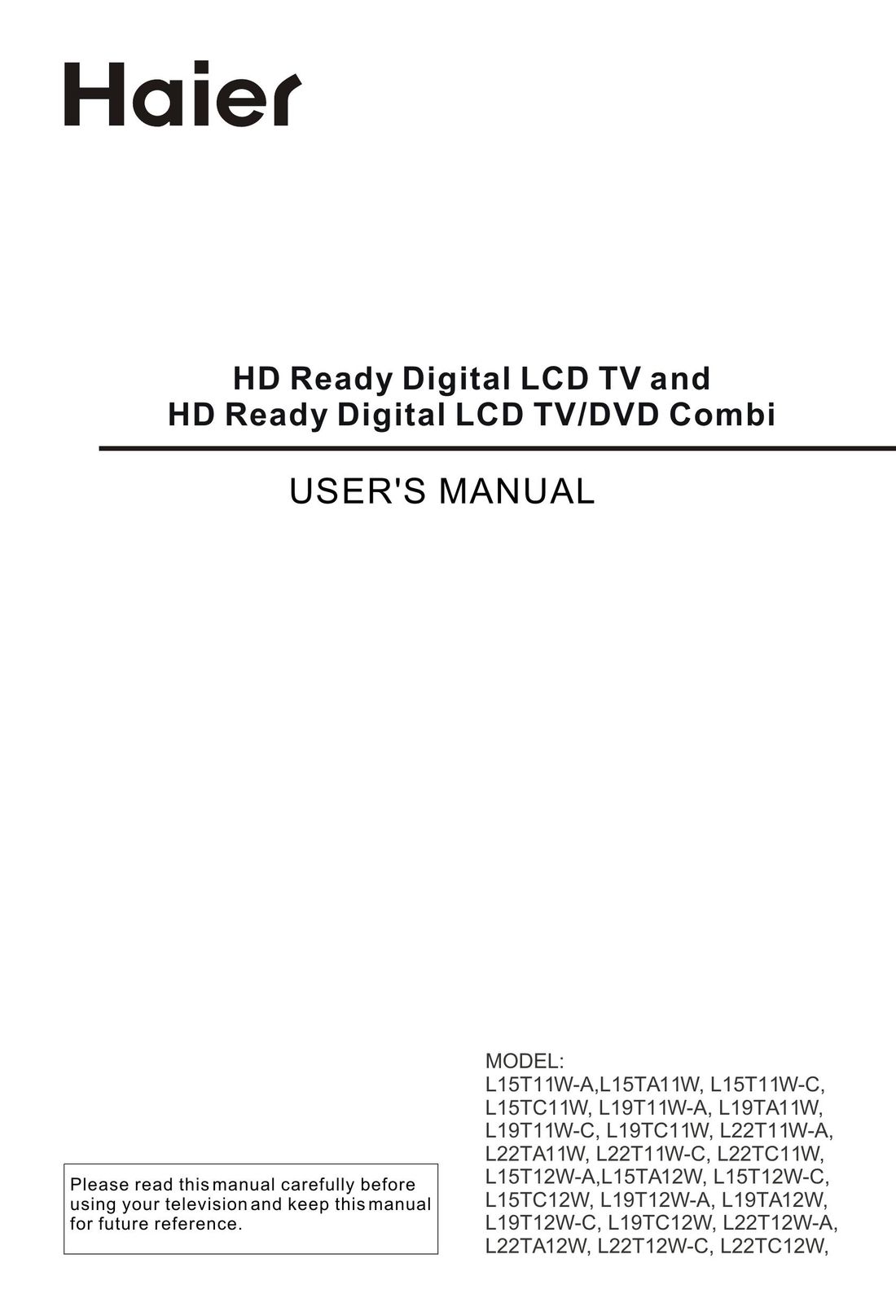 Haier L15T11W-A TV DVD Combo User Manual
