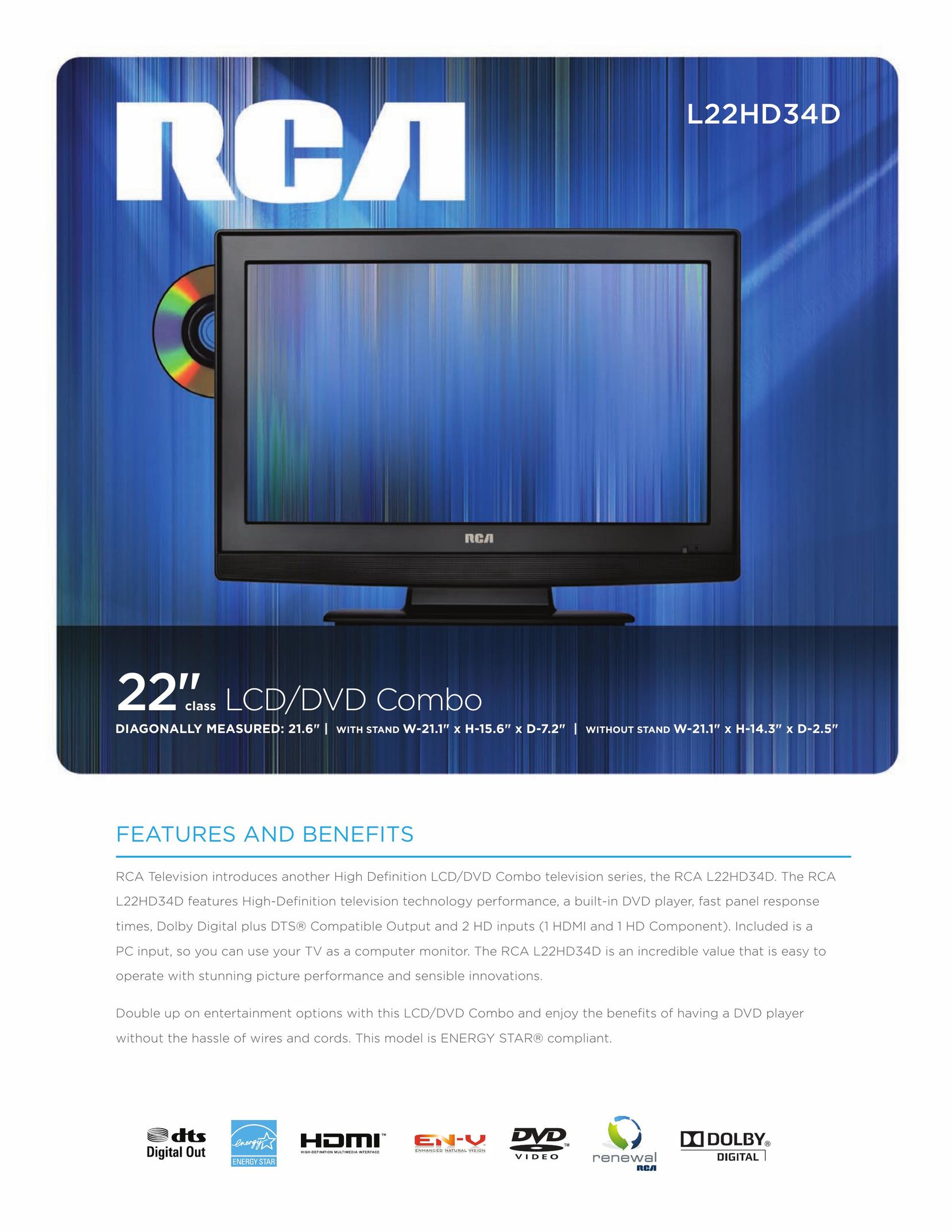 RCA L22HD34D TV DVD Combo User Manual