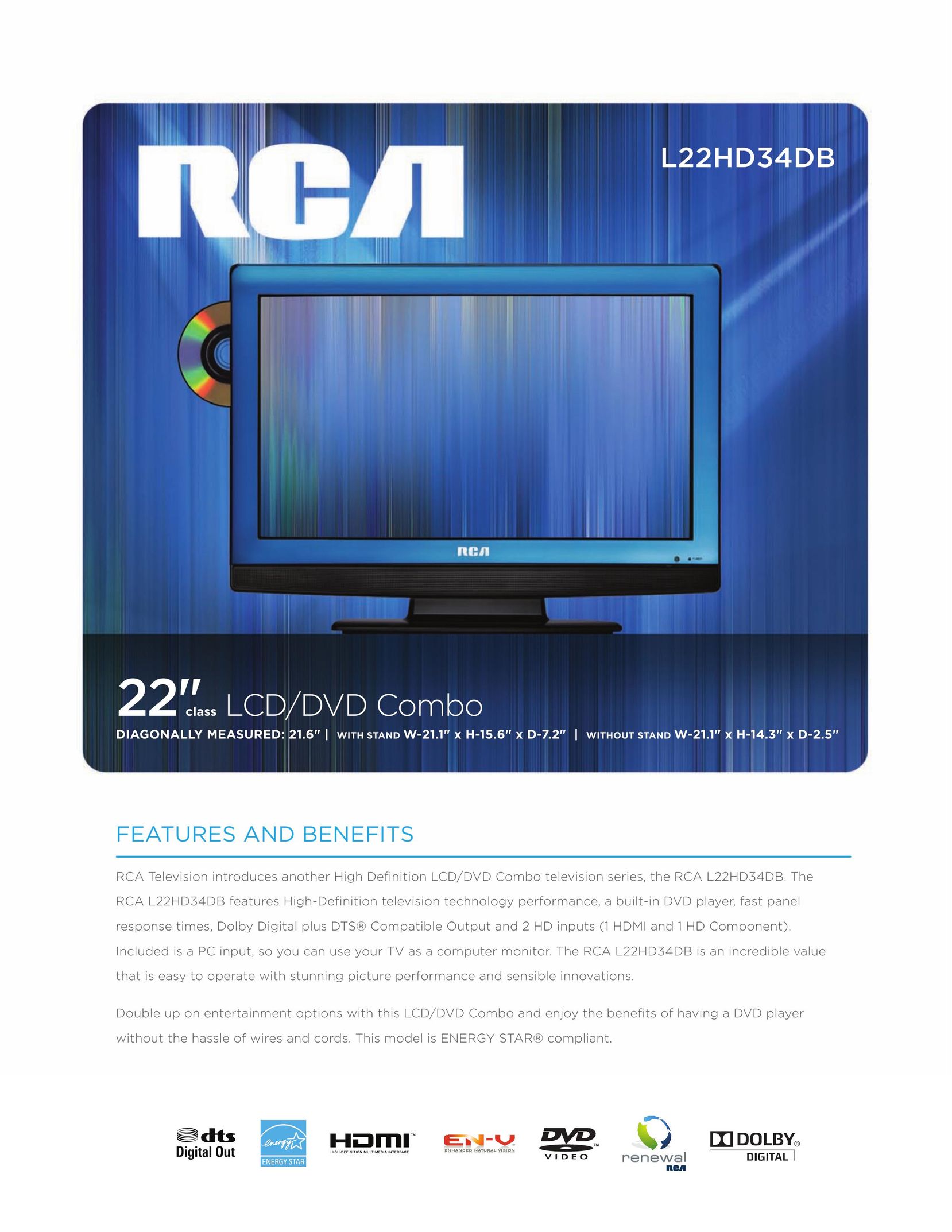 RCA l22HD34DB TV DVD Combo User Manual