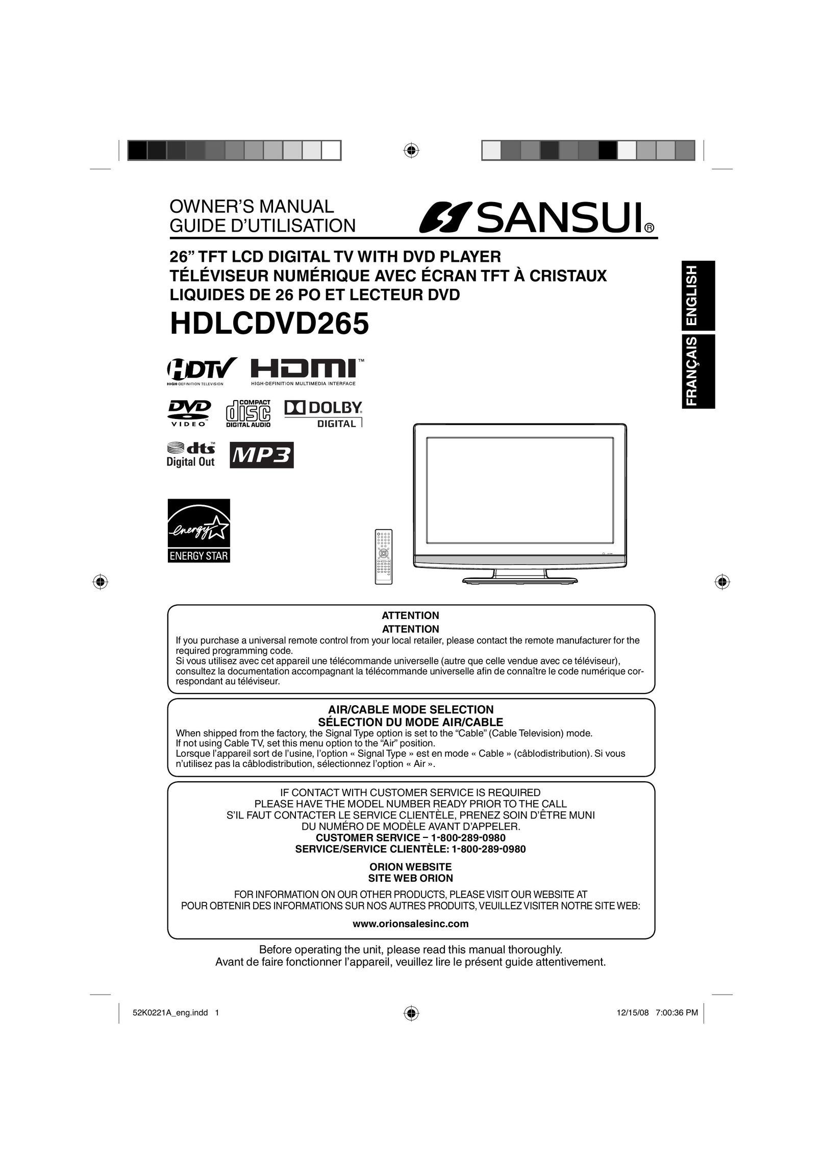 Sansui HDLCDVD265 TV DVD Combo User Manual