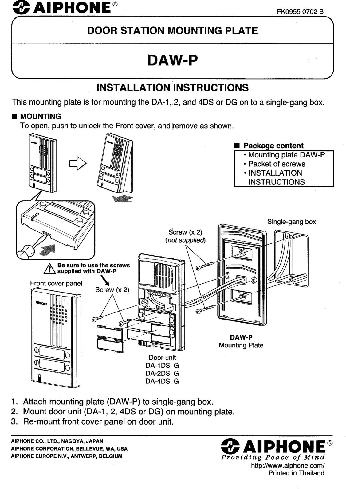 Aiphone DAW-P TV Mount User Manual