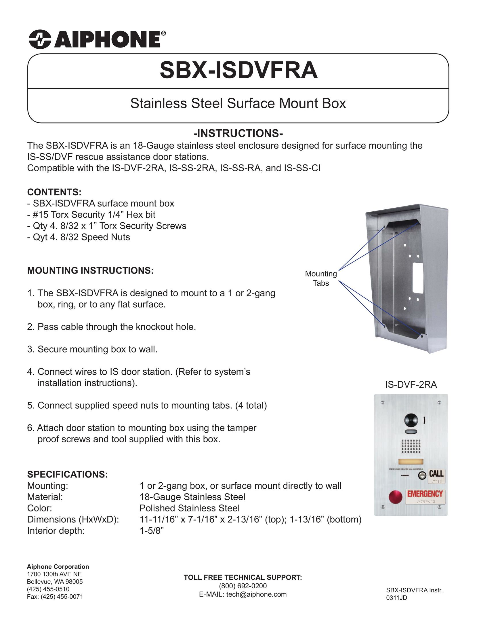 Aiphone SBX-ISDVFRA TV Mount User Manual