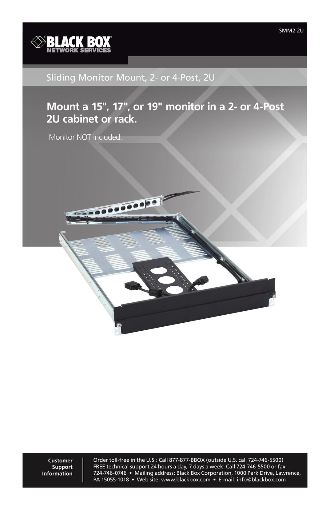 Black Box Sliding Monitor Mount, 2- or 4-Post, 2U TV Mount User Manual