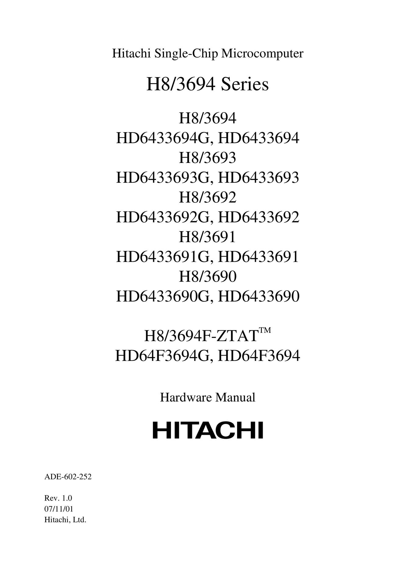 Hitachi H8/3690 TV Mount User Manual