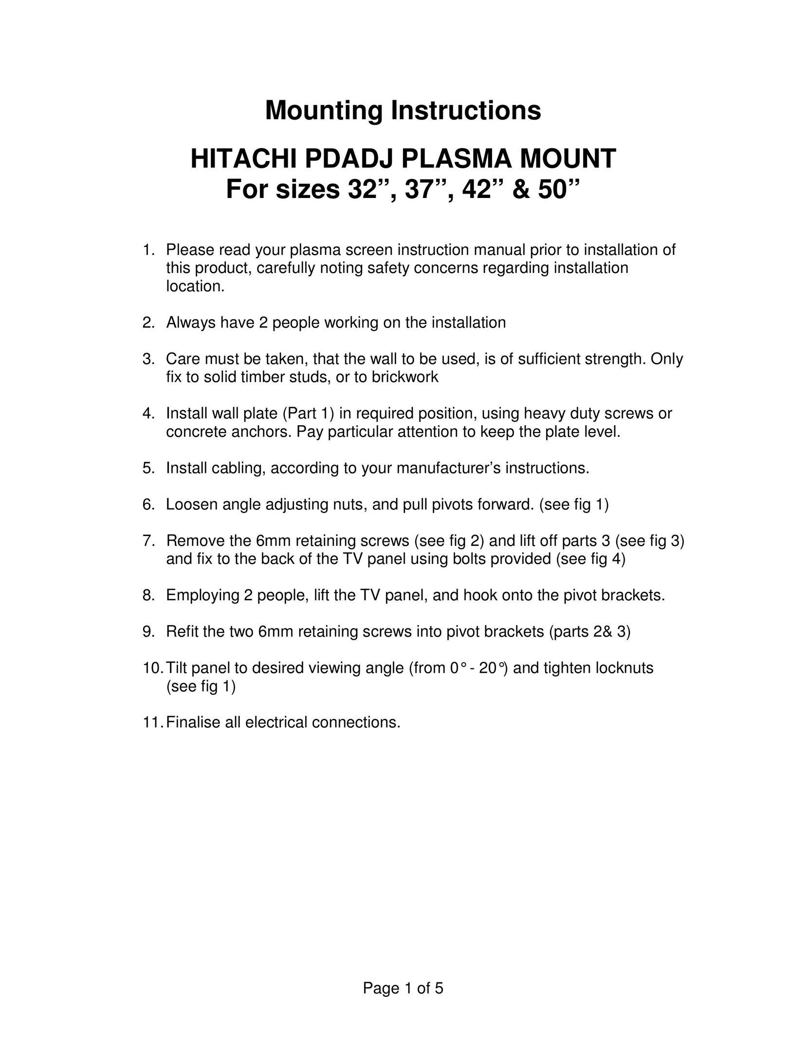 Hitachi hitachi pdadj plasma mount TV Mount User Manual