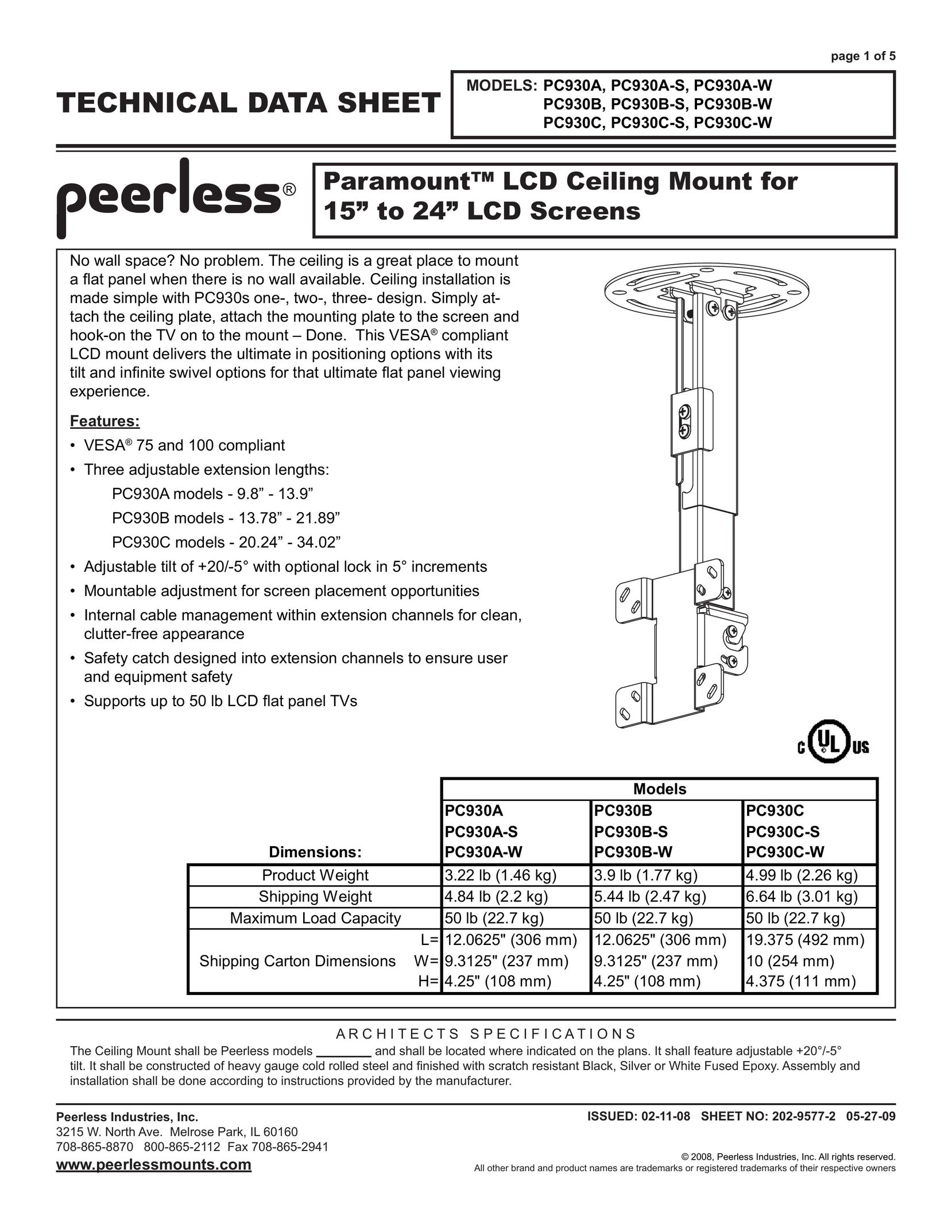 Peerless Industries PC930A-S TV Mount User Manual