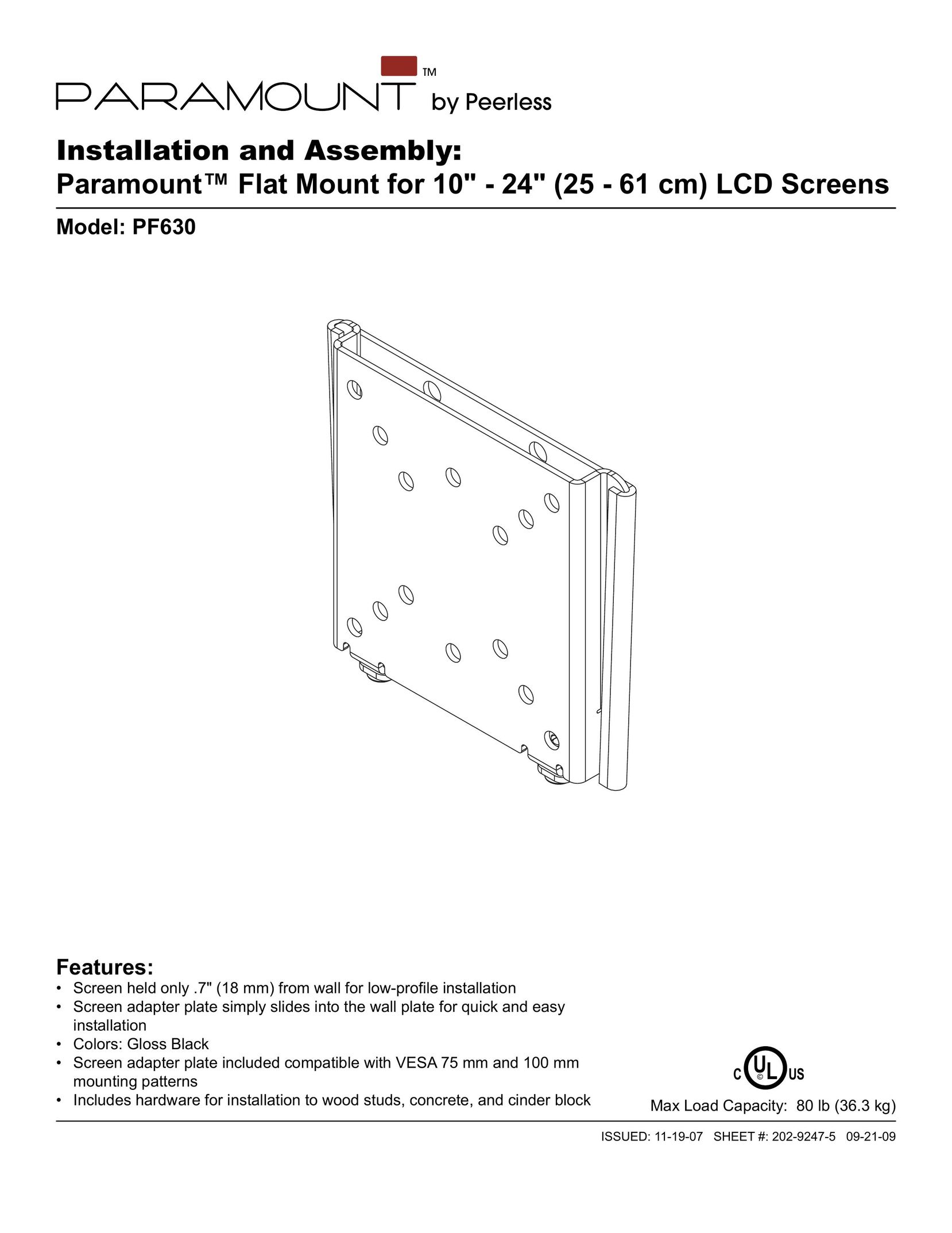 Peerless Industries PF630 TV Mount User Manual