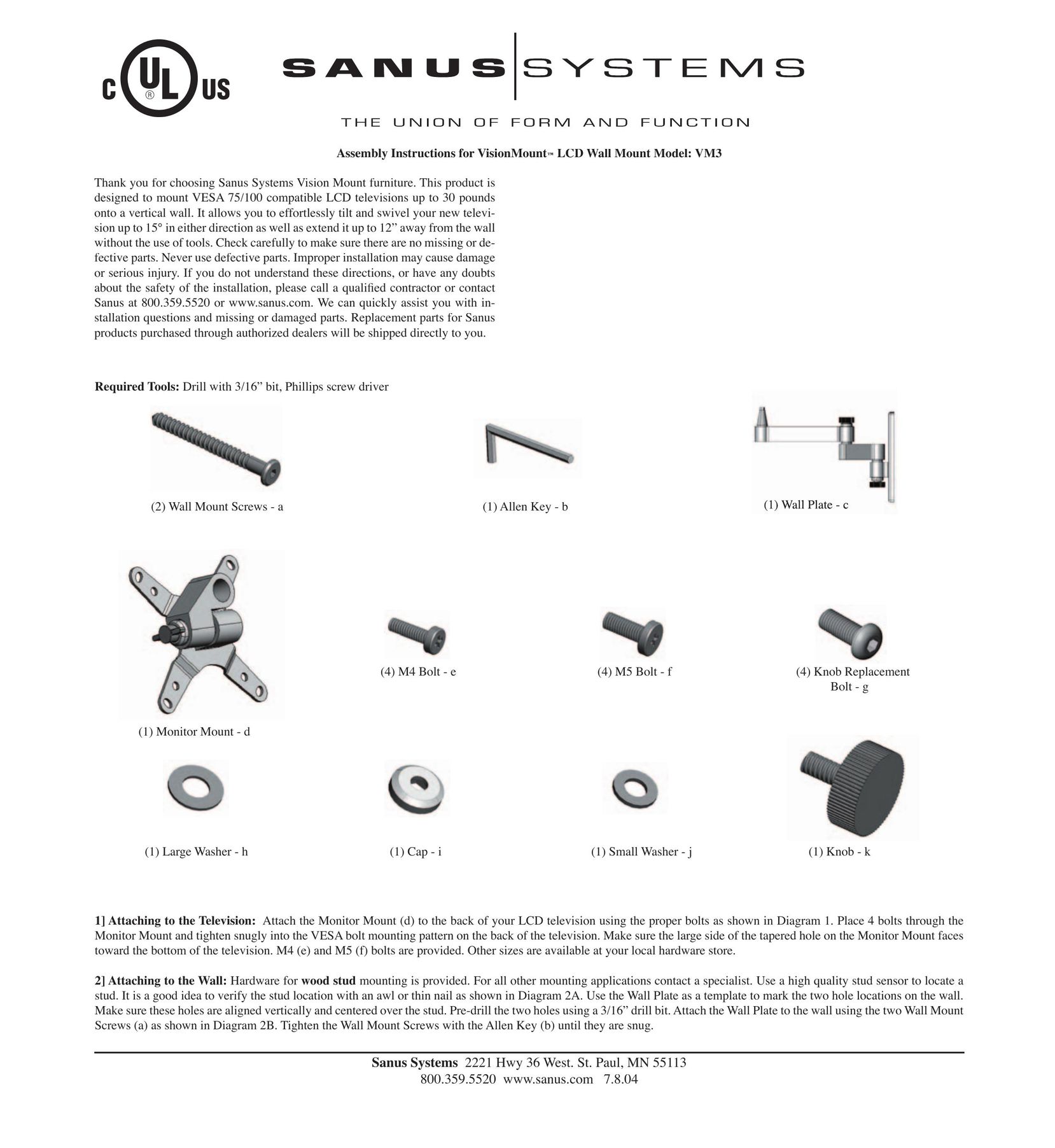 Sanus Systems VM3 TV Mount User Manual