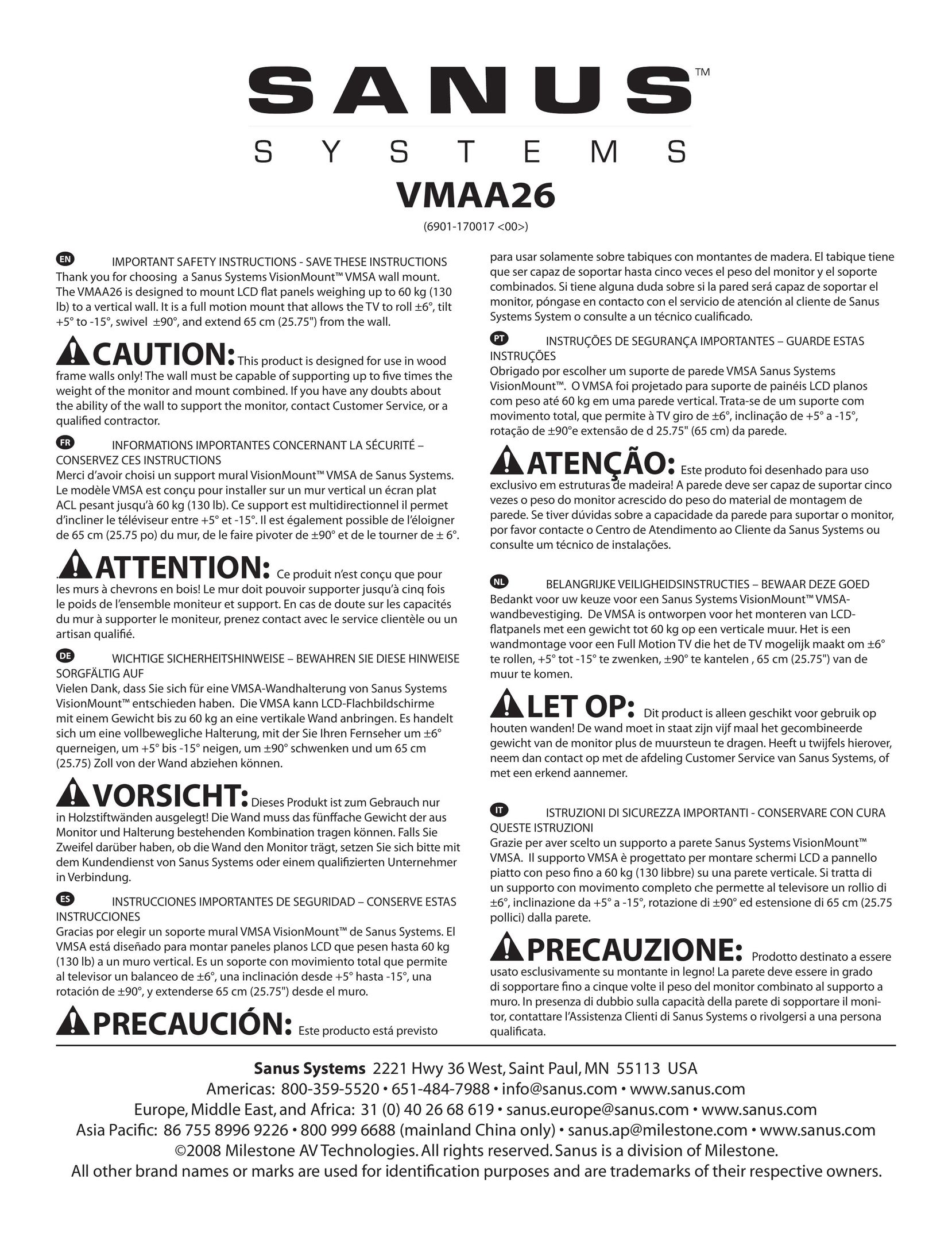 Sanus Systems VMAA26 TV Mount User Manual