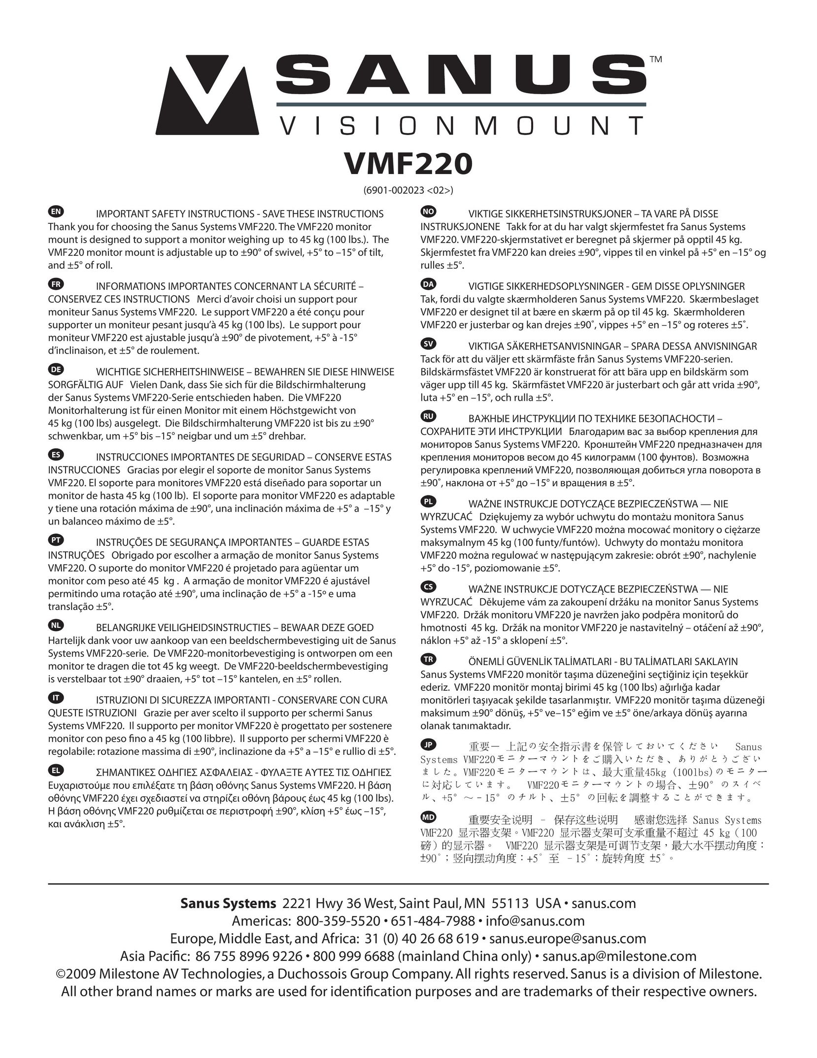 Sanus Systems VMF220-B1 TV Mount User Manual