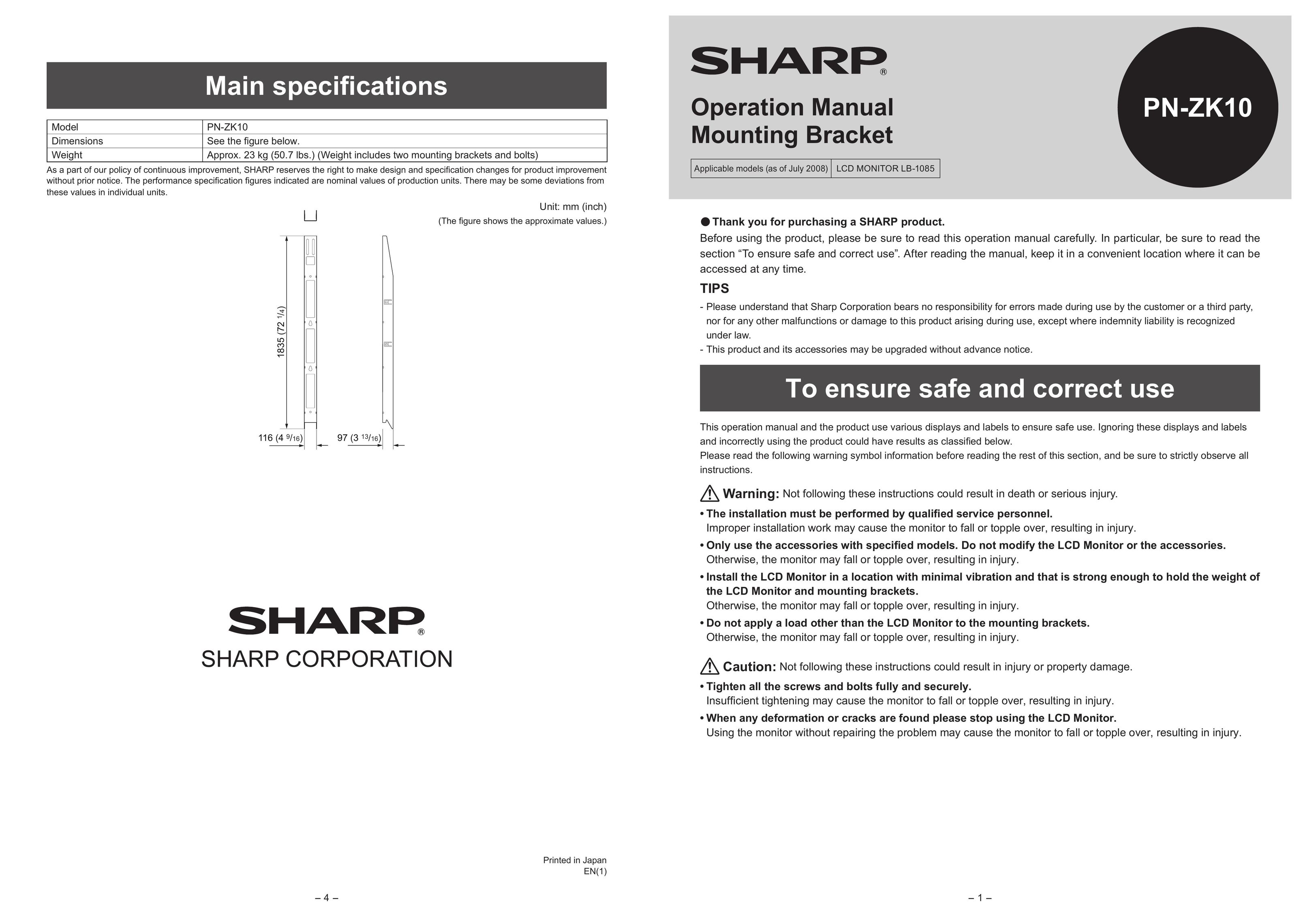 Sharp PN-ZK10 TV Mount User Manual