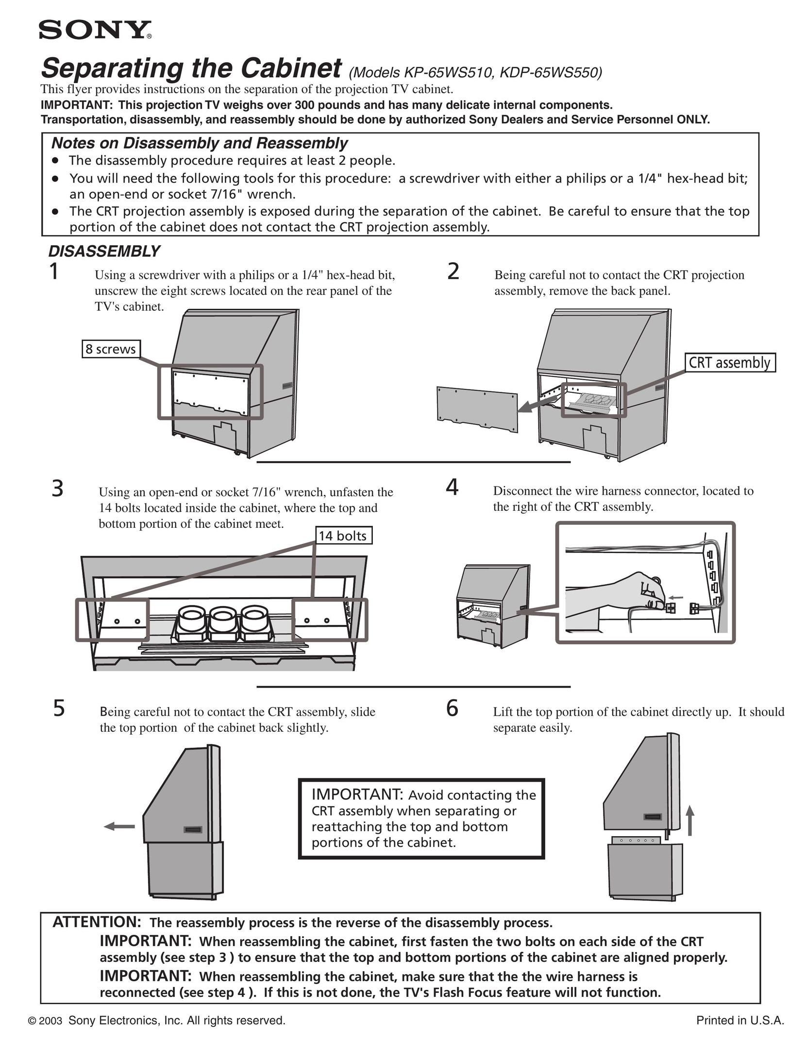 Sony KDP-65WS550 TV Mount User Manual