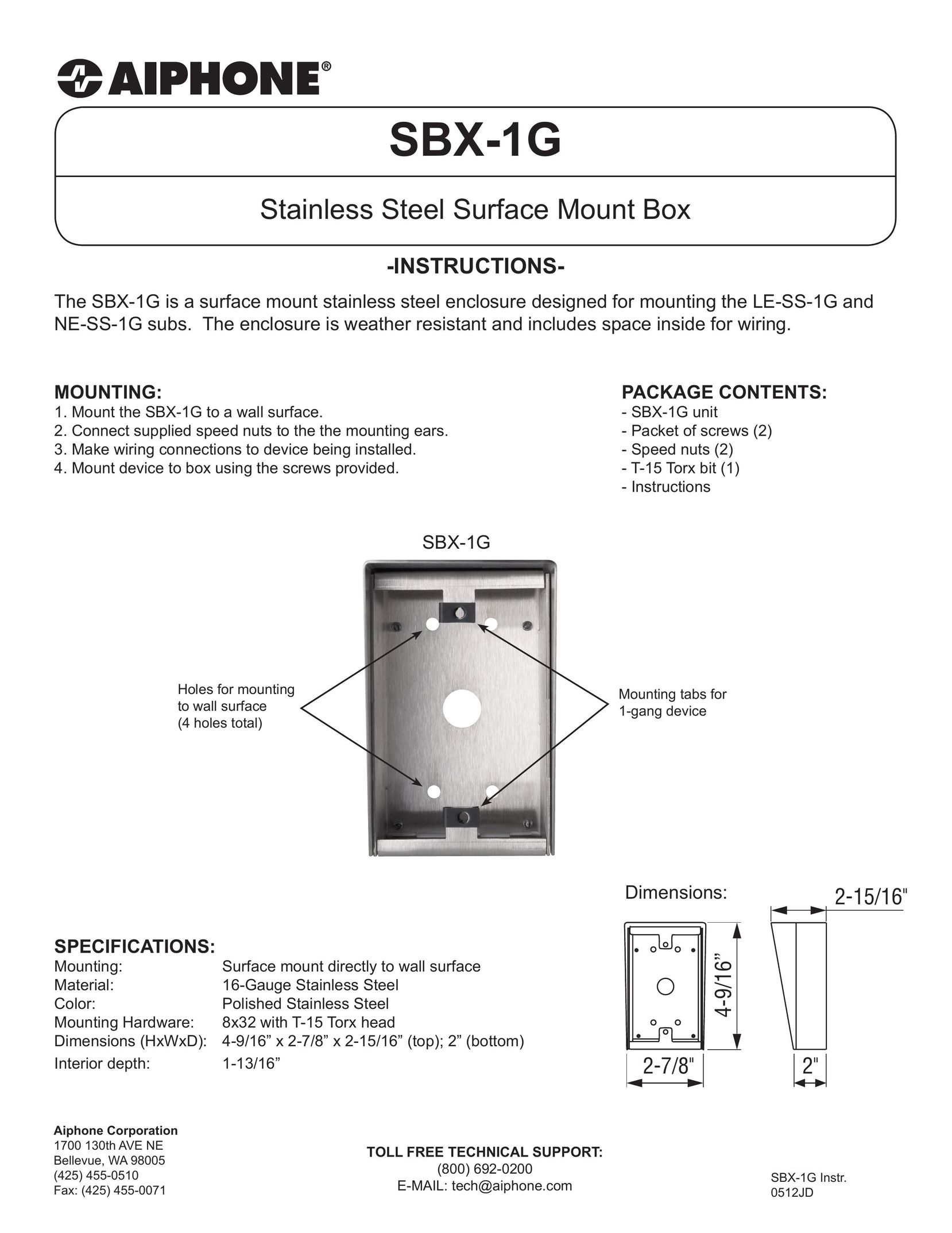 Aiphone sbx-1g TV Receiver User Manual