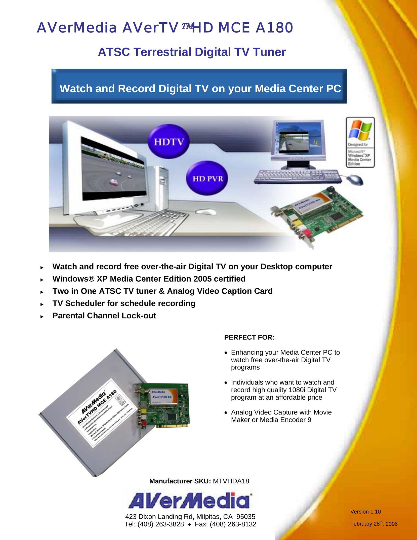 AVerMedia Technologies HD MCE A180 TV Receiver User Manual