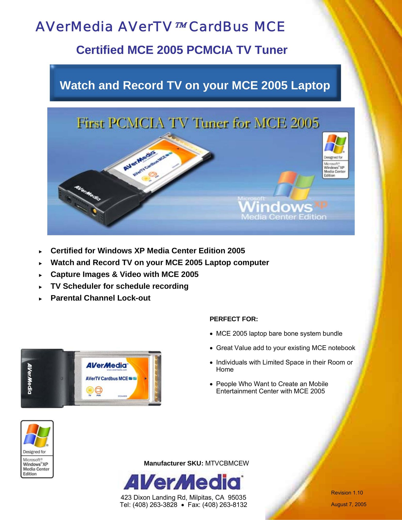AVerMedia Technologies MCE 2005 TV Receiver User Manual