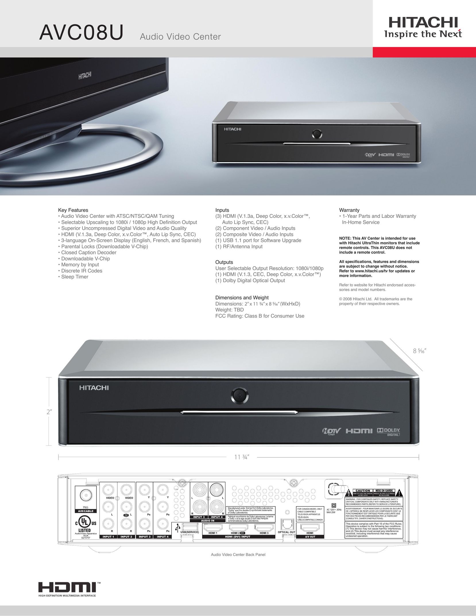 Hitachi AVC08U TV Receiver User Manual