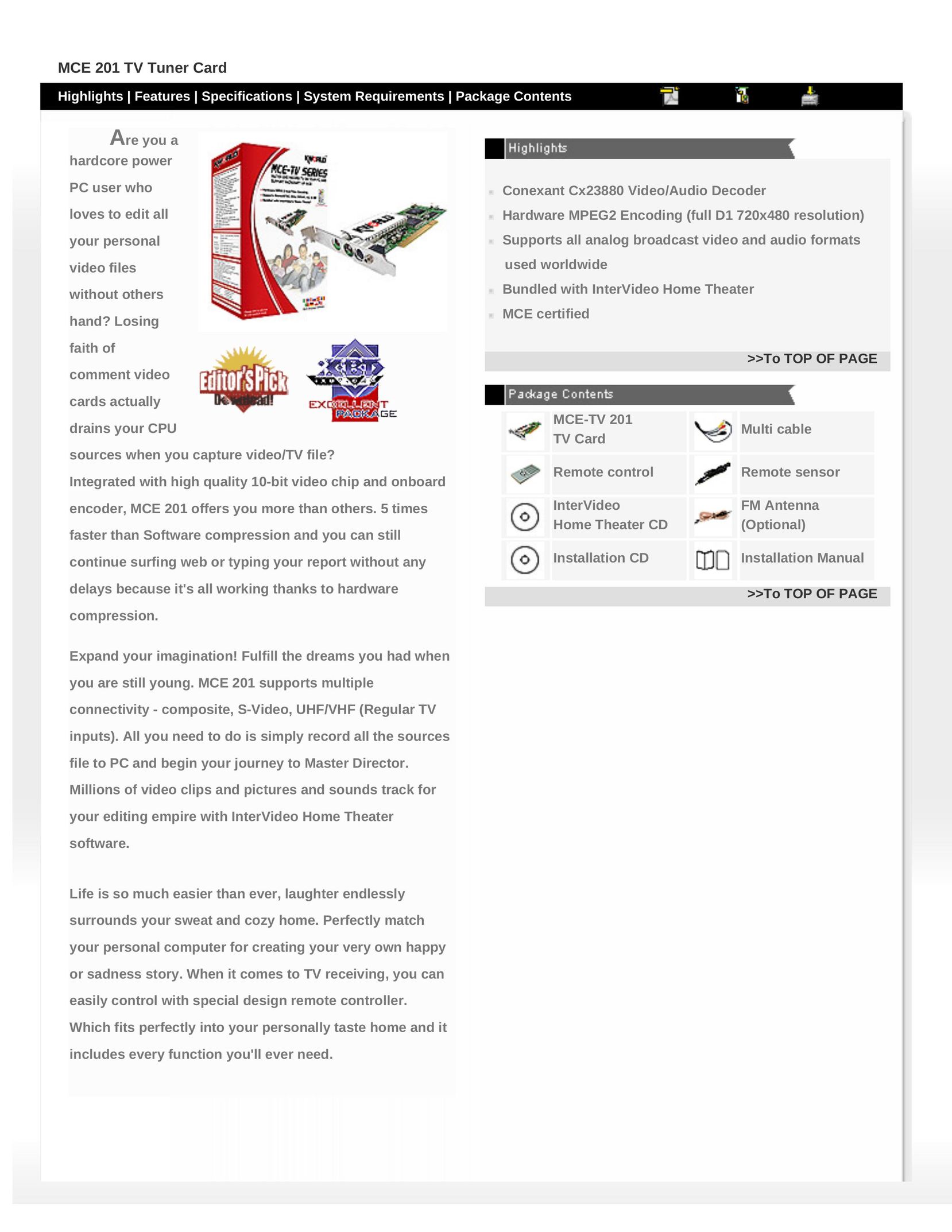 MCE Technologies MCE 201 TV Receiver User Manual