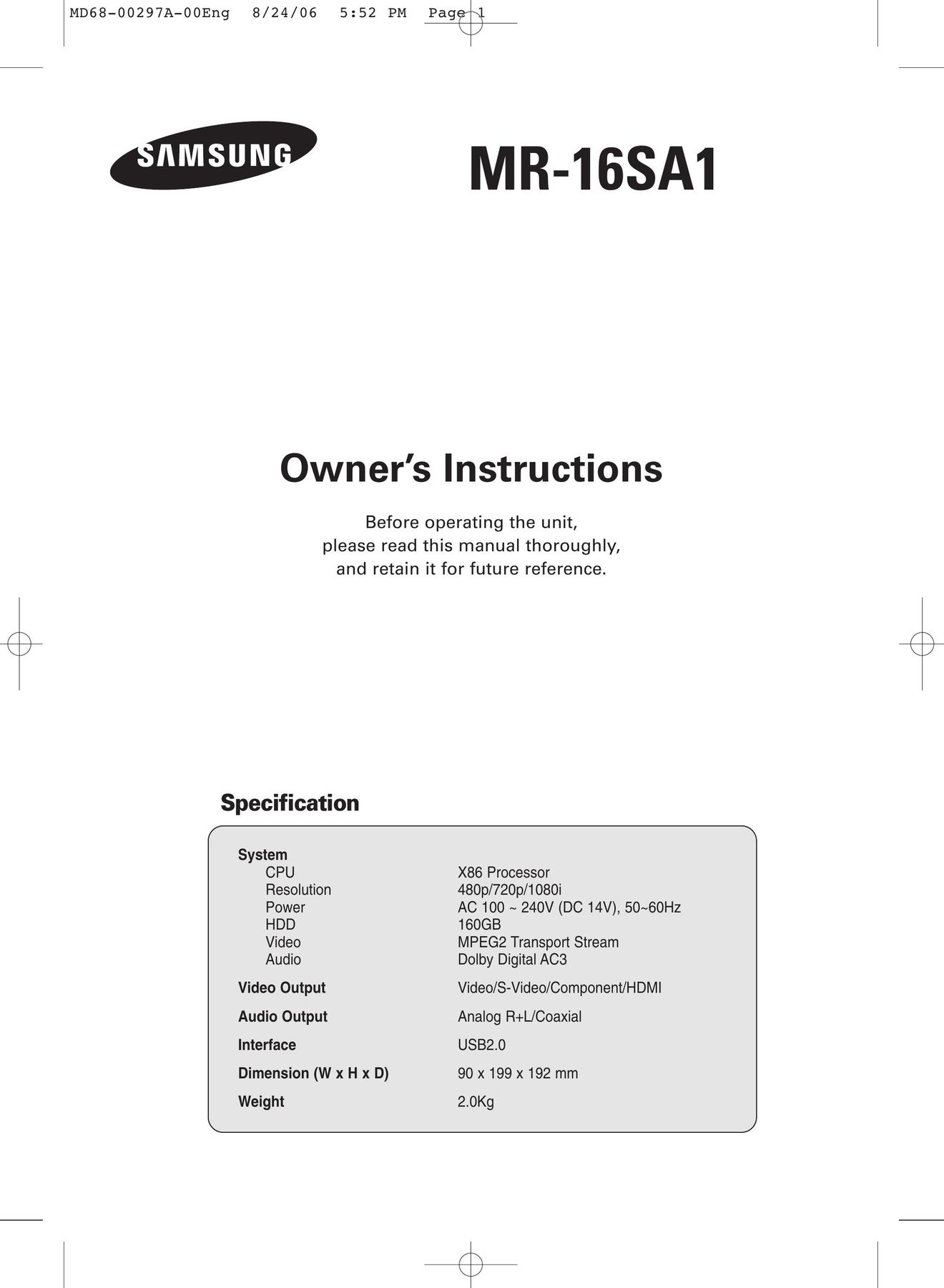 Samsung MR-16SA1 TV Receiver User Manual