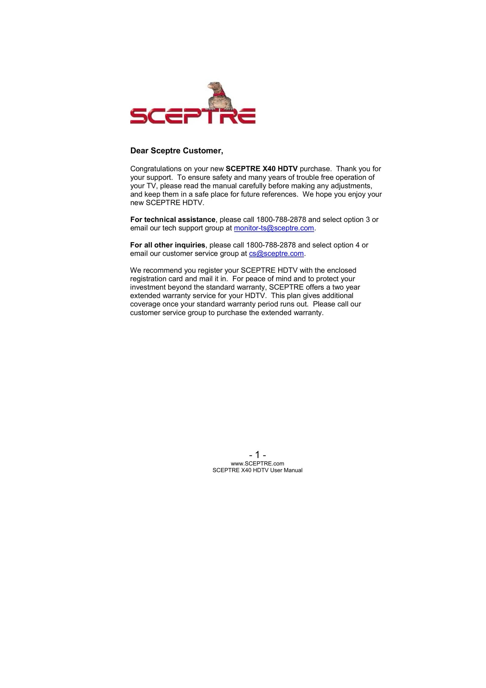 Sceptre Technologies SCEPTRE X40 HDTV TV Receiver User Manual