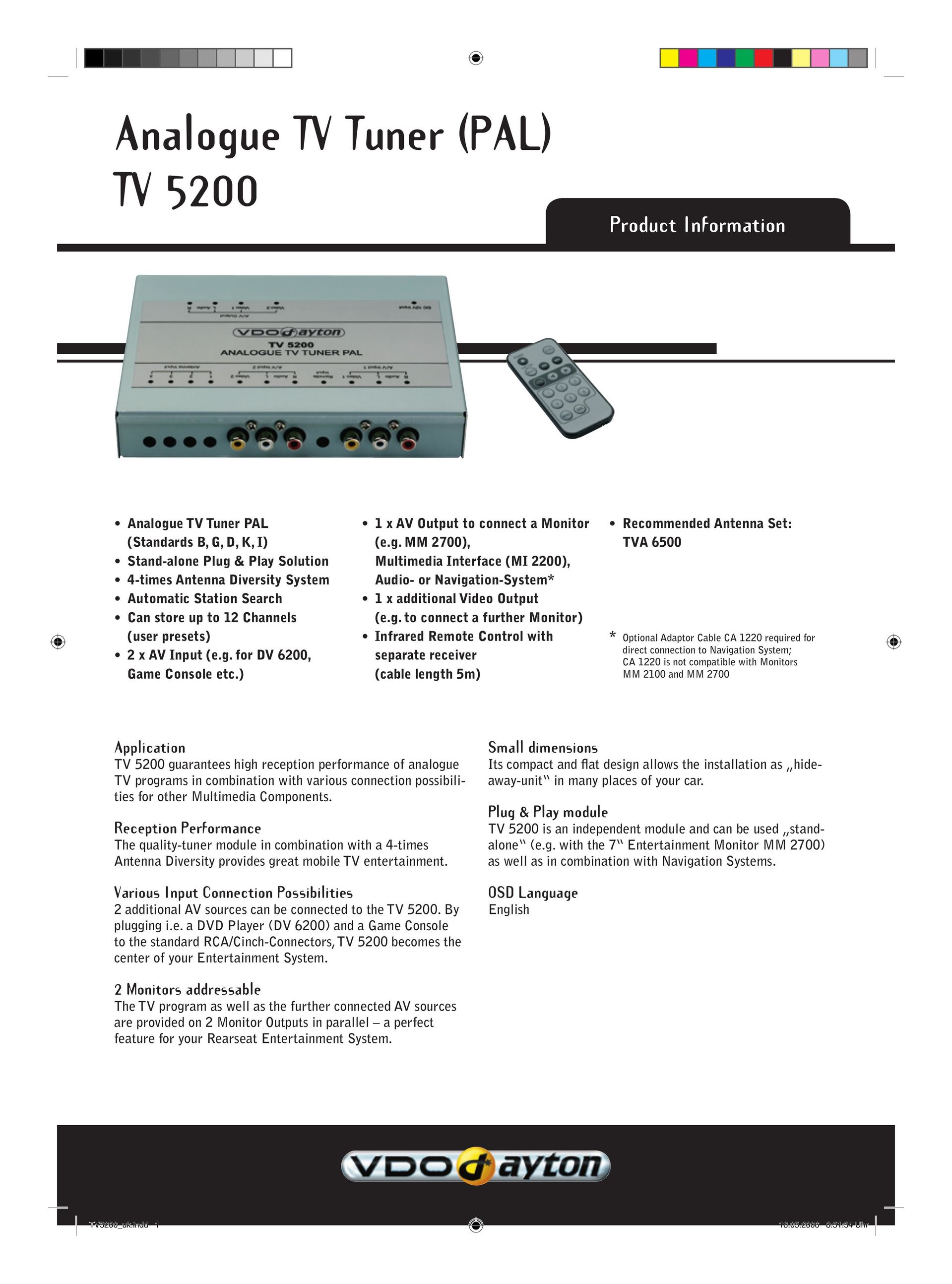 VDO Dayton TV 5200 TV Receiver User Manual