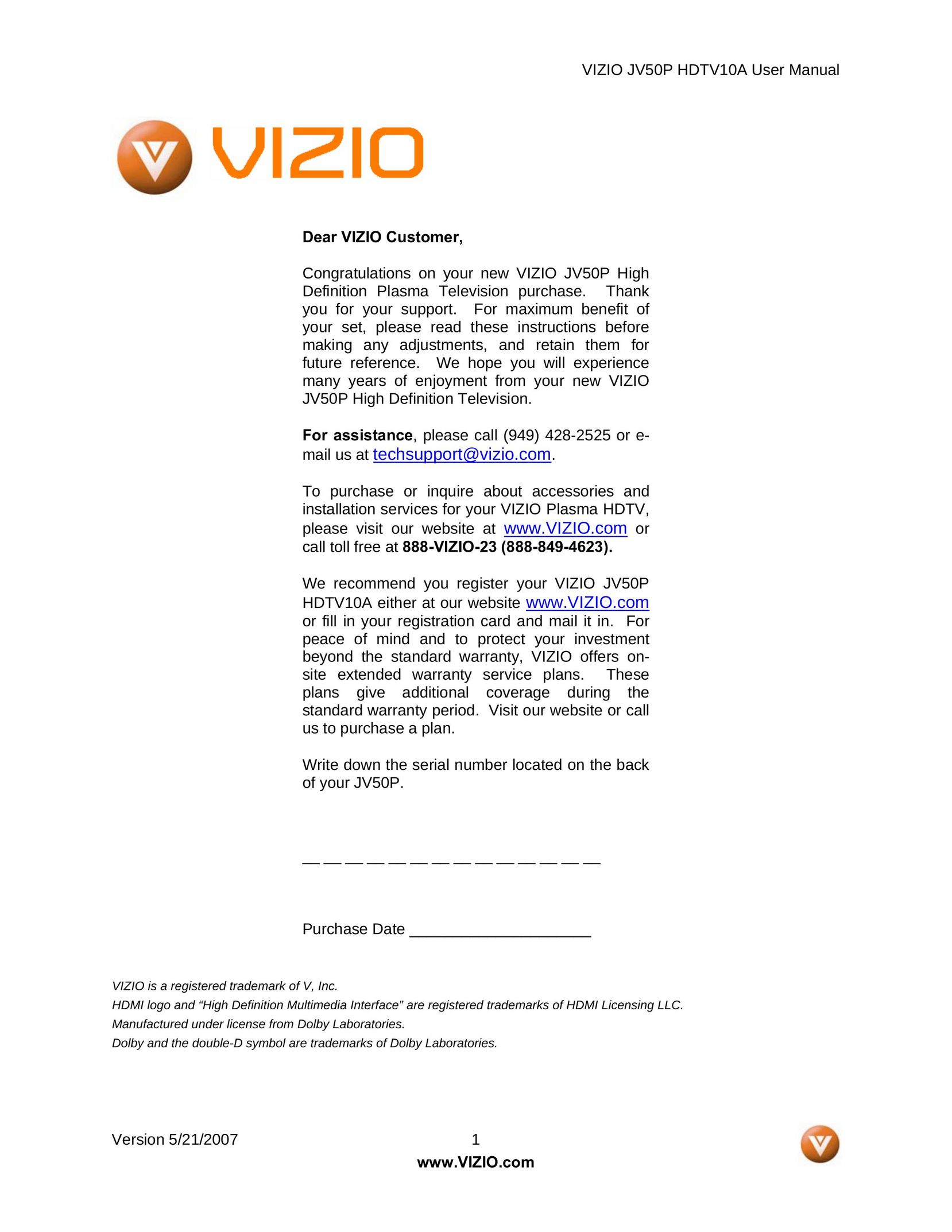 Vizio JV50P TV Receiver User Manual