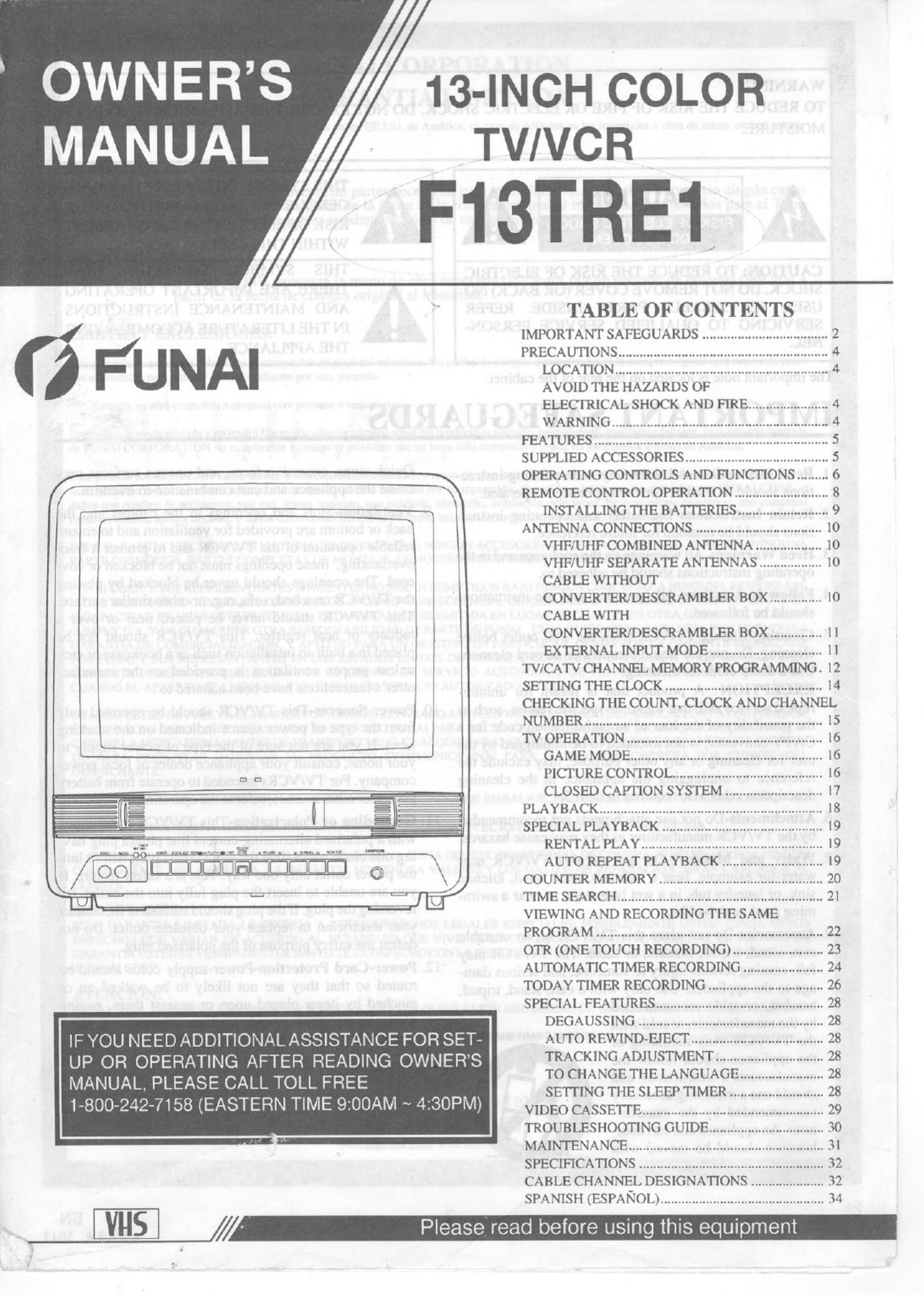 FUNAI F13TRE1 TV VCR Combo User Manual