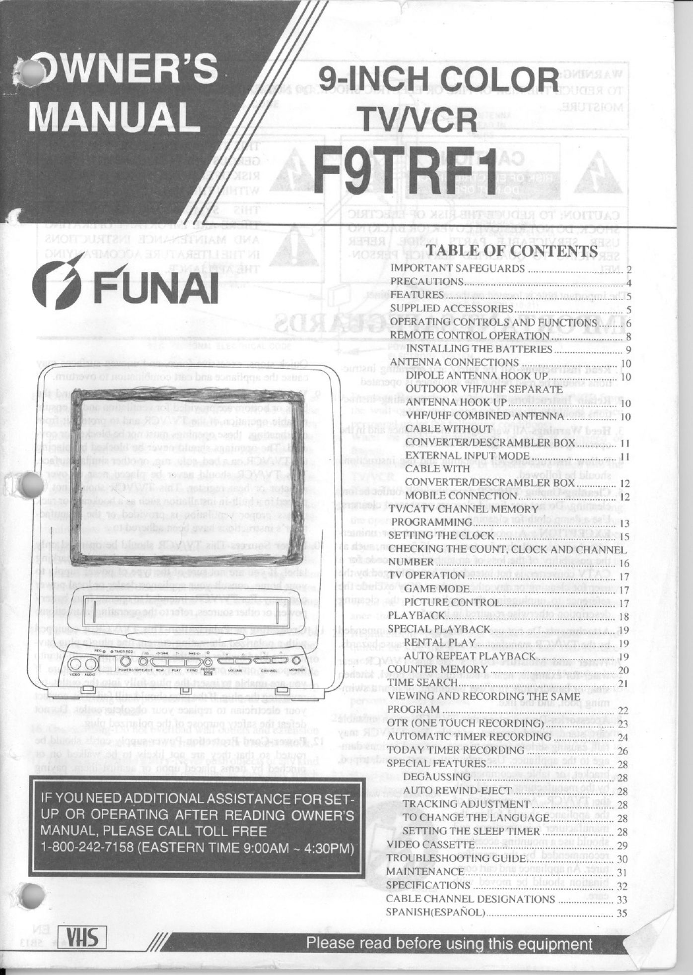 FUNAI F9TRF1 TV VCR Combo User Manual