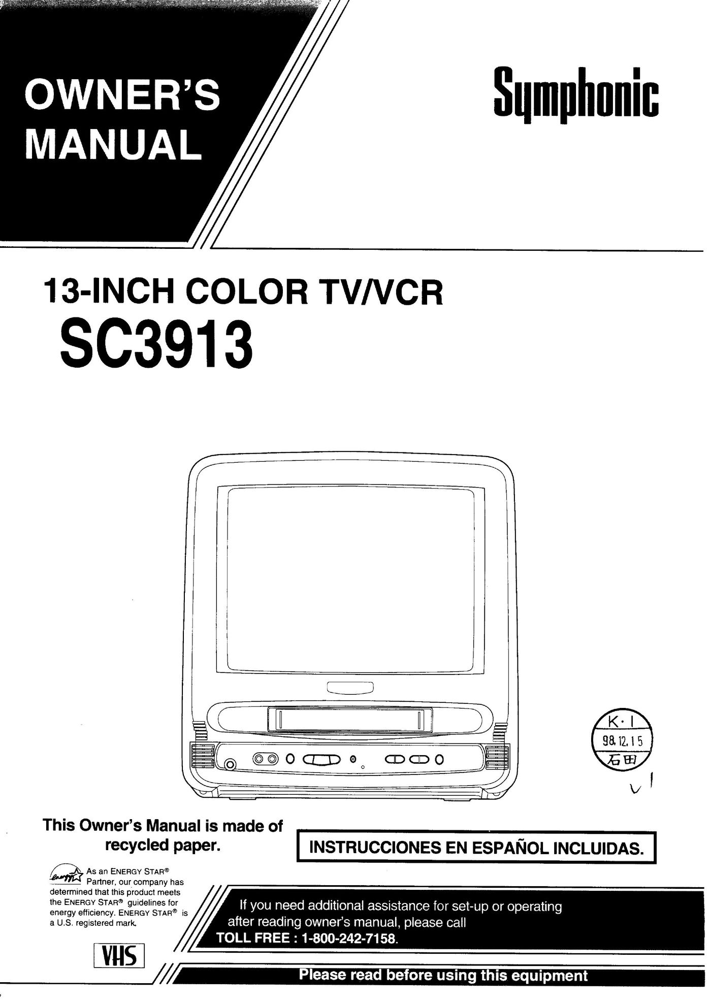 FUNAI SC3913 TV VCR Combo User Manual