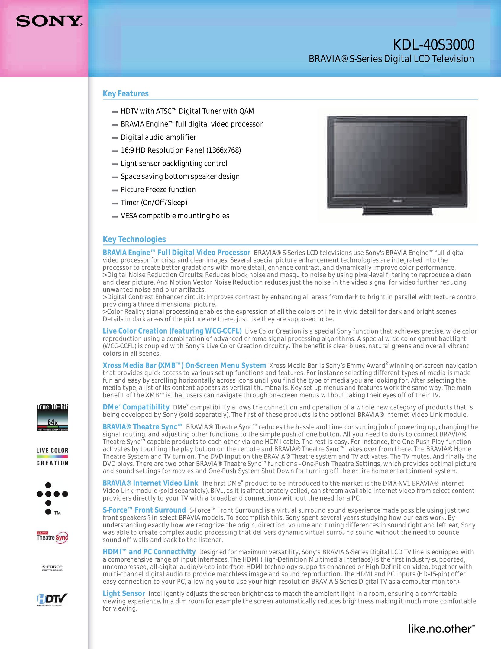 Sony KDL-40S3000 TV VCR Combo User Manual
