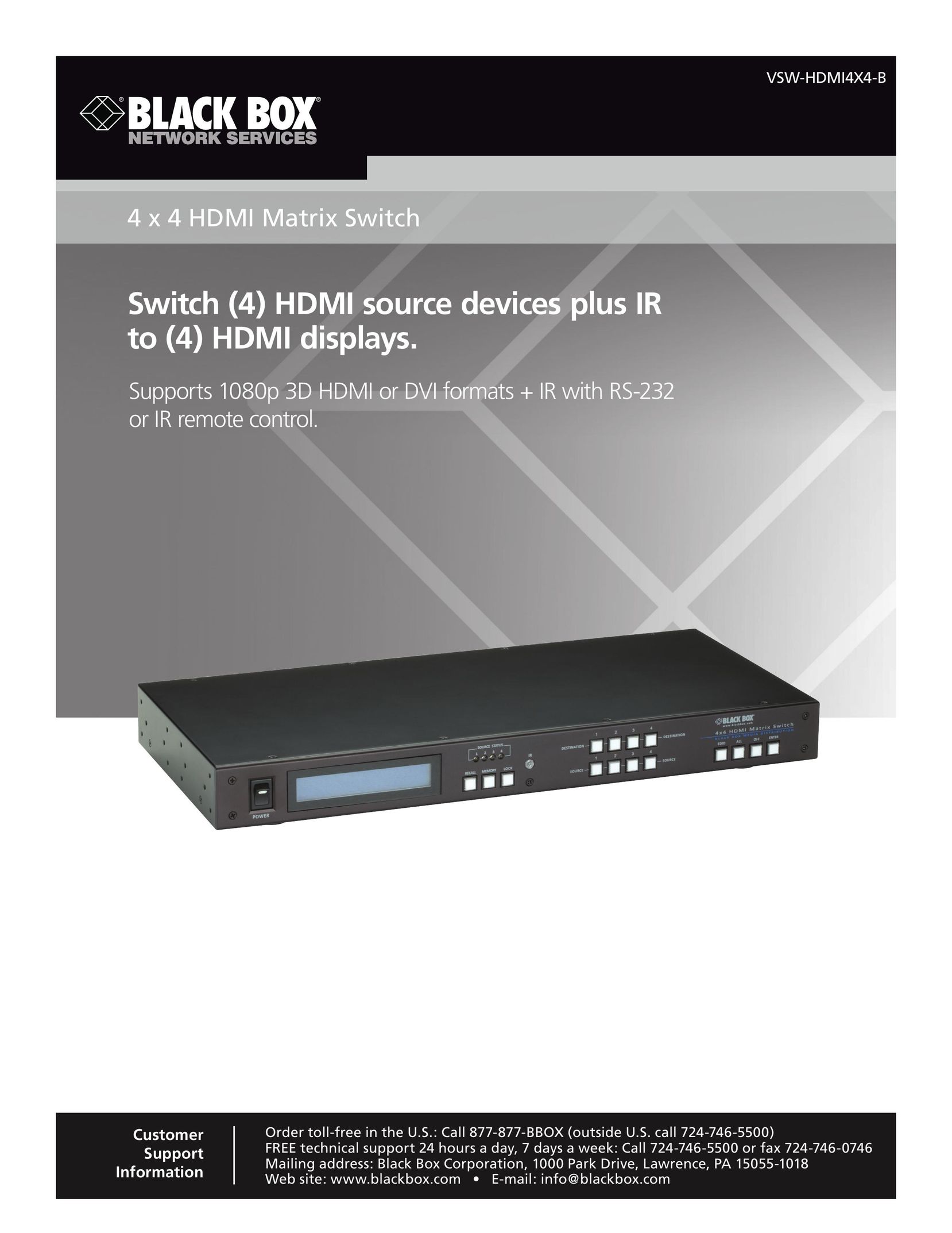 Black Box 4 x 4 HDMI Matrix Switch TV Video Accessories User Manual