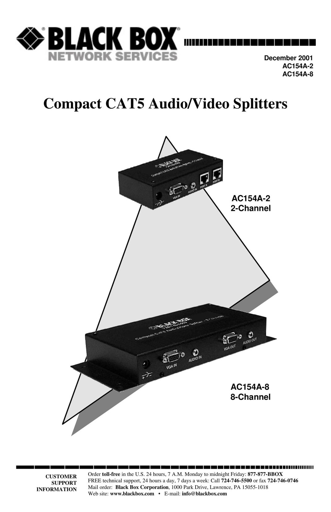Black Box COMPACT CAT5 AUDIO/VIDEO SPLITTERS TV Video Accessories User Manual