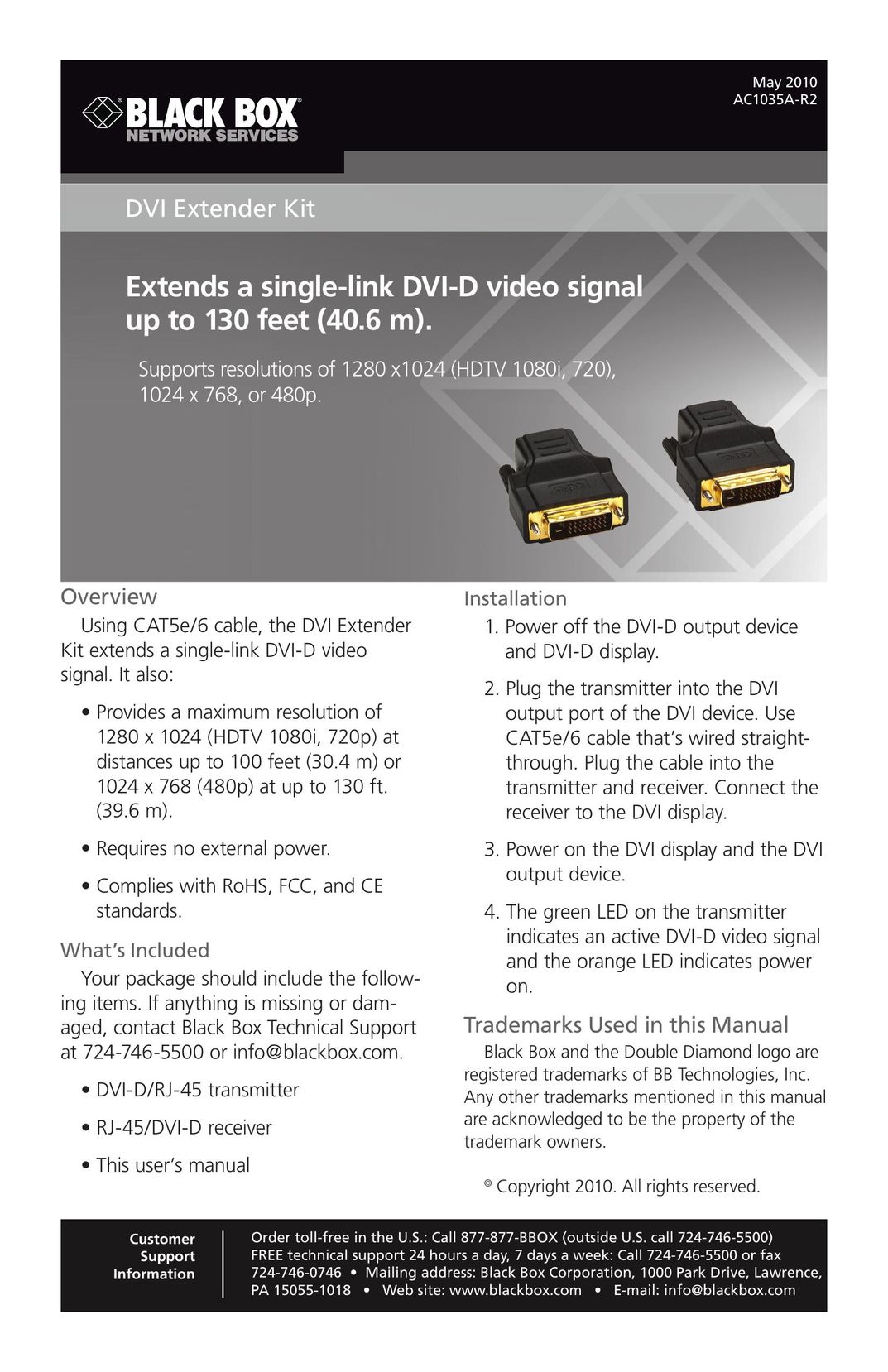 Black Box DVI Extender Kit TV Video Accessories User Manual