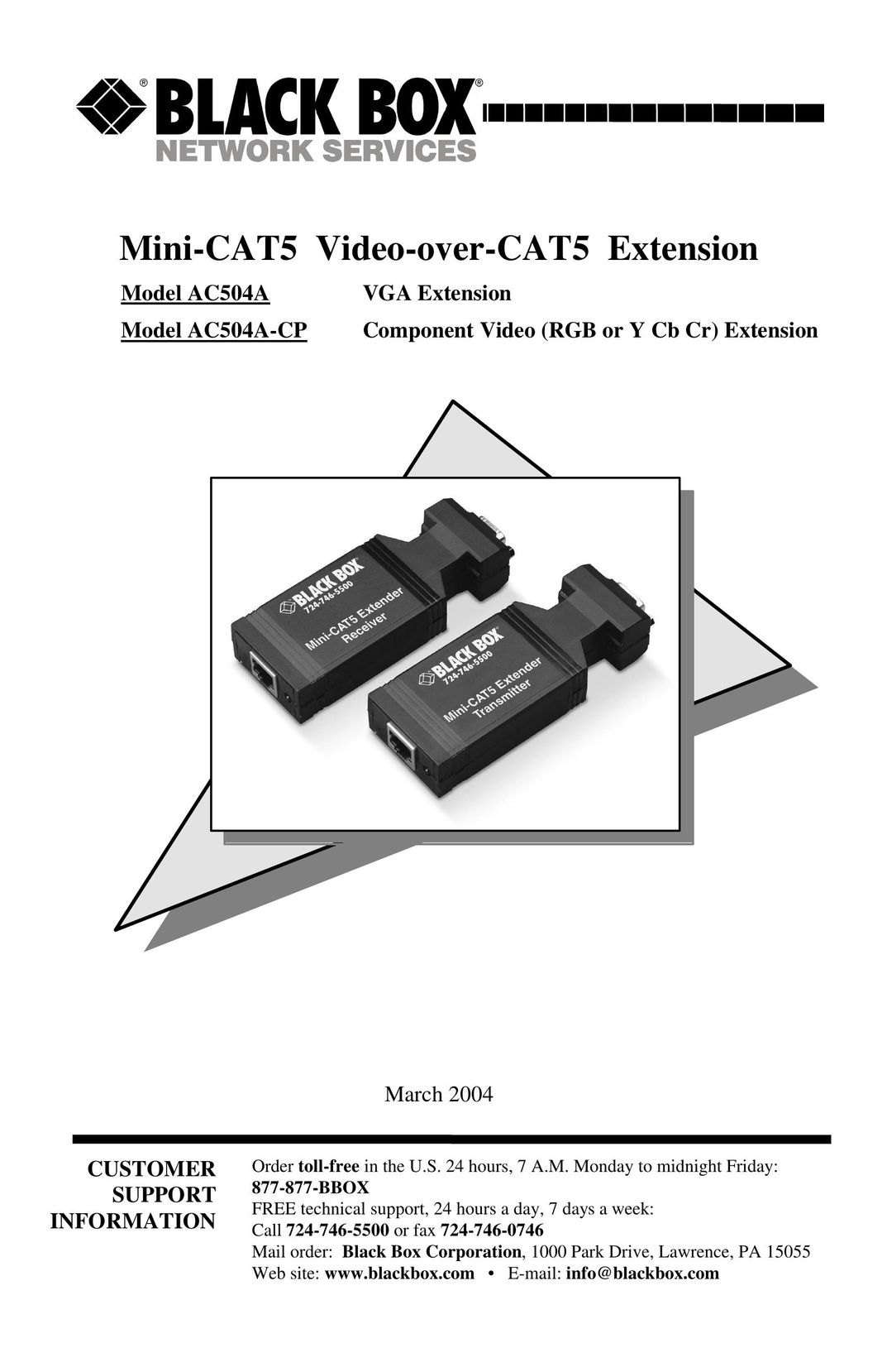 Black Box Mini-CAT5 Video-over-CAT5 Extension TV Video Accessories User Manual
