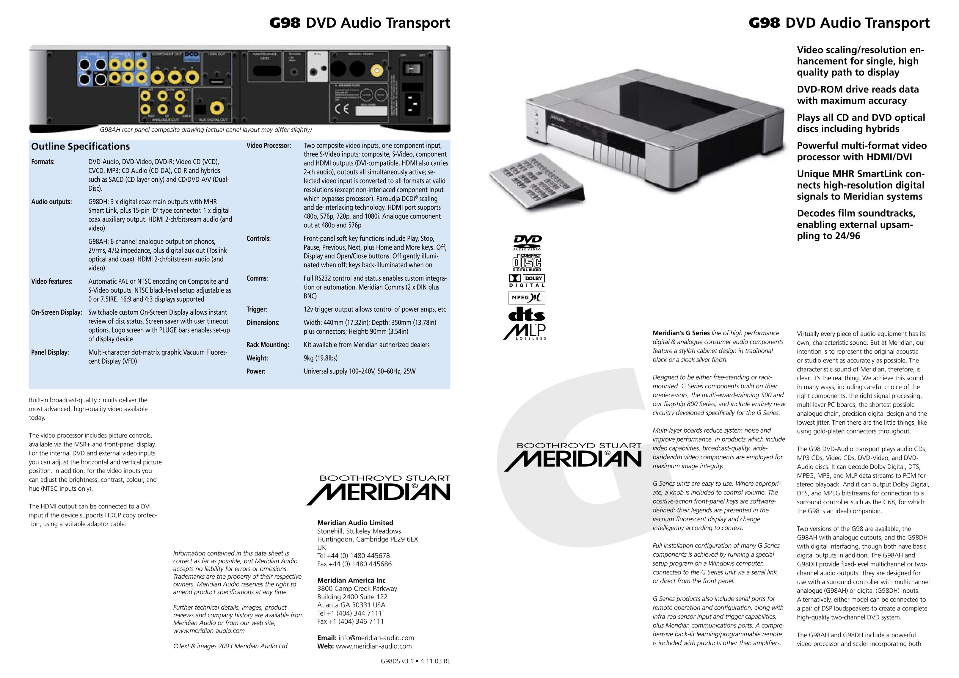 Meridian Audio G98 TV Video Accessories User Manual