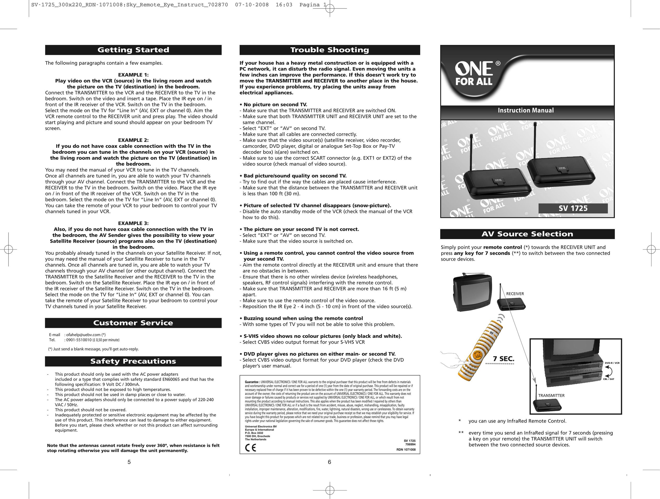 One for All SV-1725 TV Video Accessories User Manual