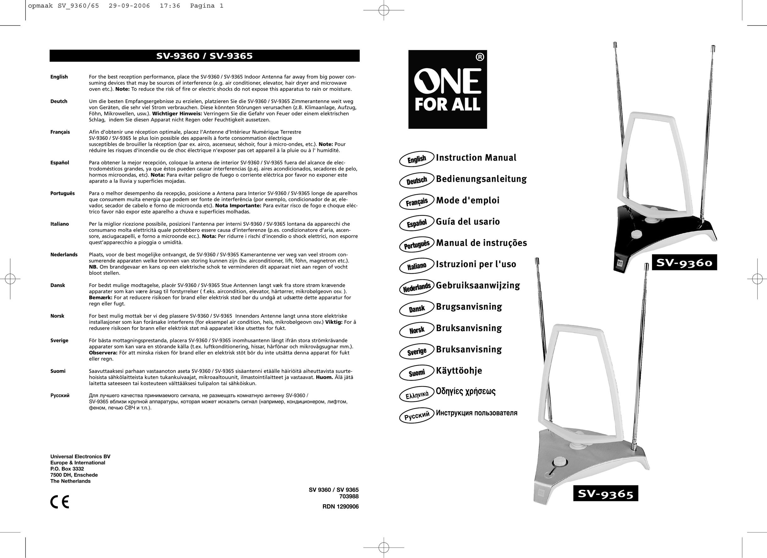 One for All SV-9365 TV Video Accessories User Manual