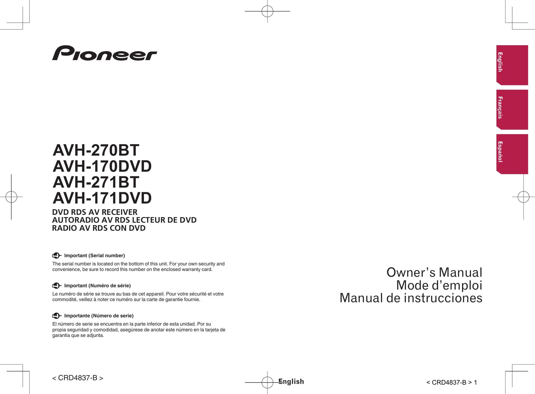 Pioneer AVH-171DVD TV Video Accessories User Manual
