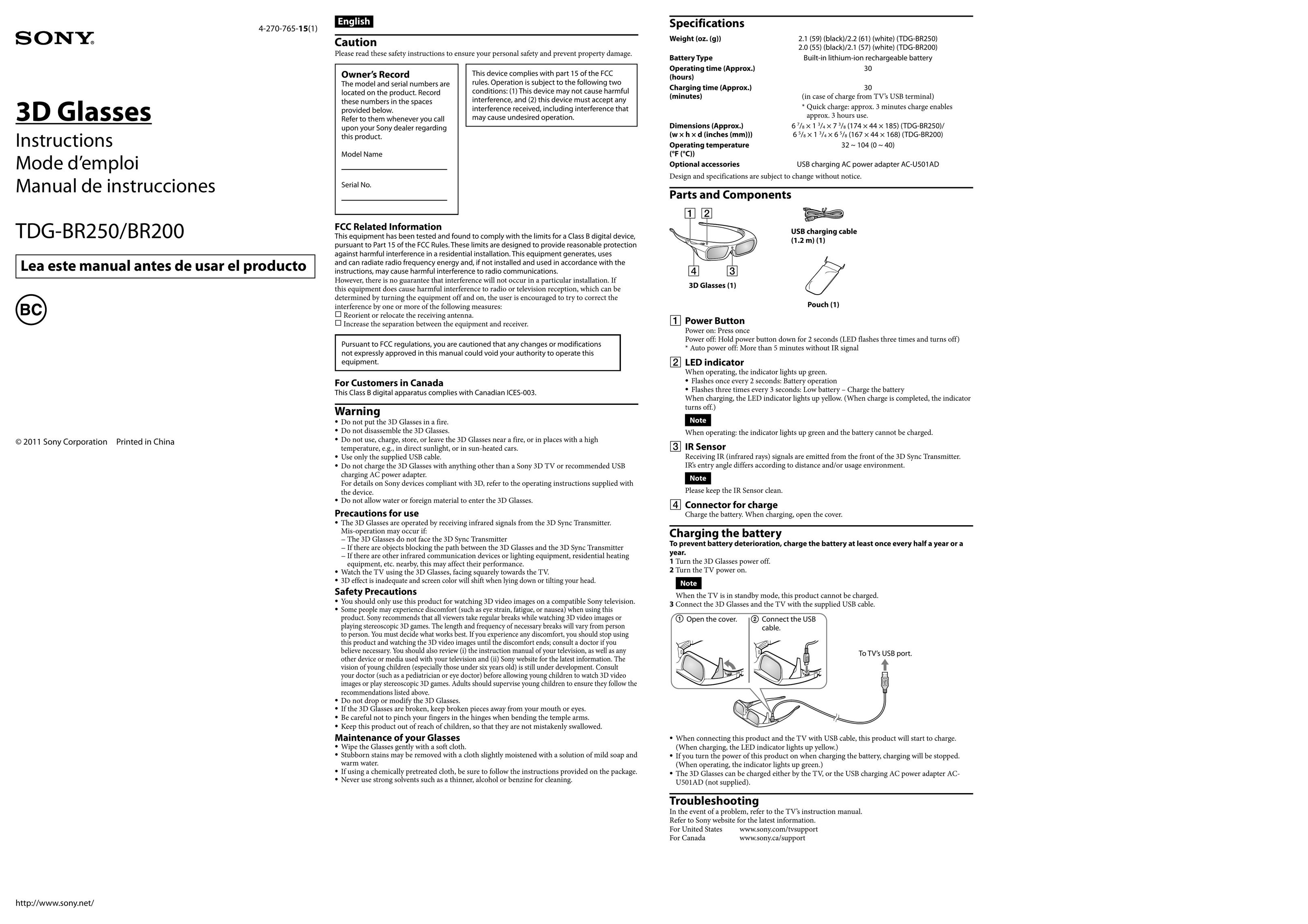 Sony TDG-BR200 TV Video Accessories User Manual