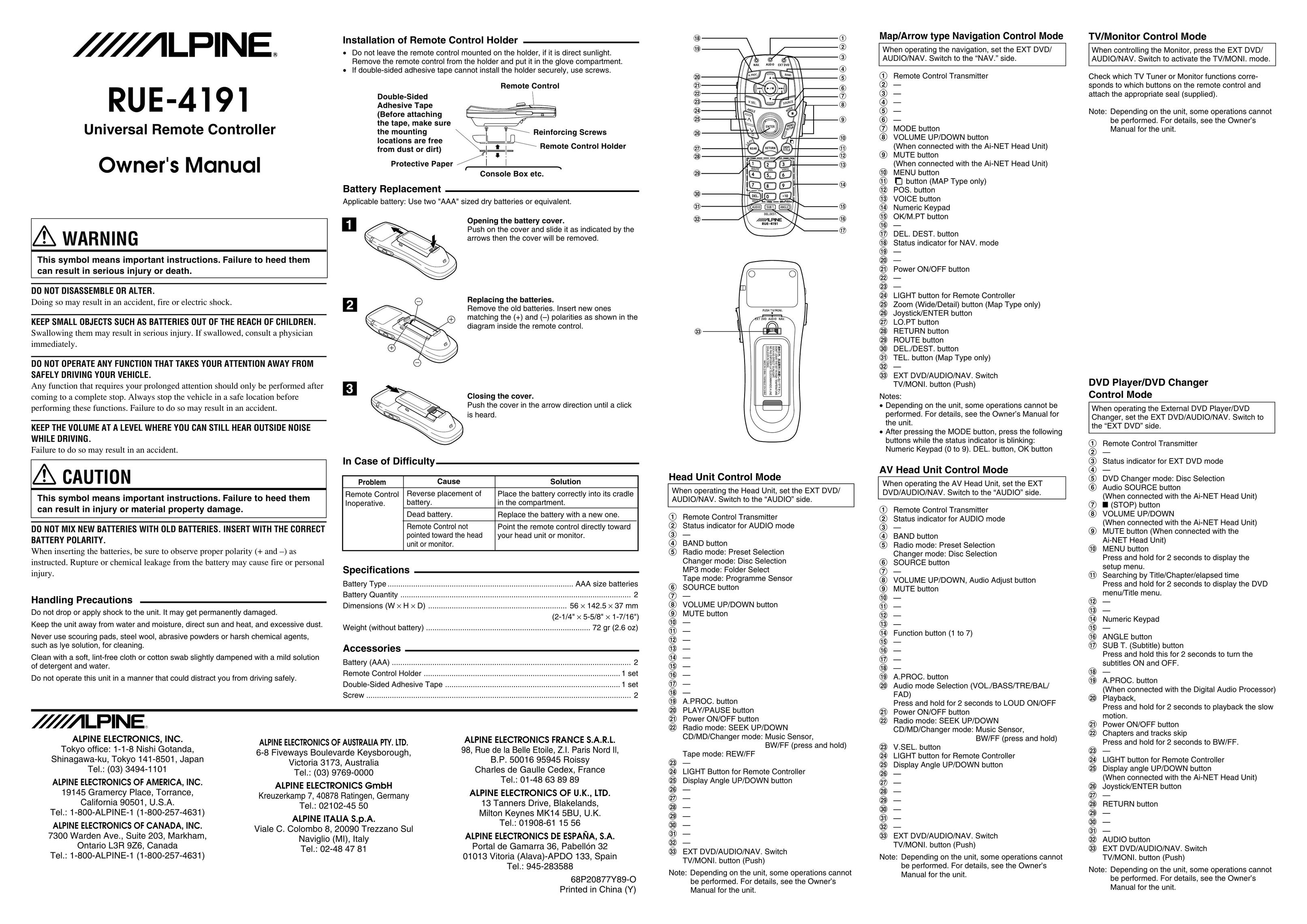Alpine RUE-4191 Universal Remote User Manual