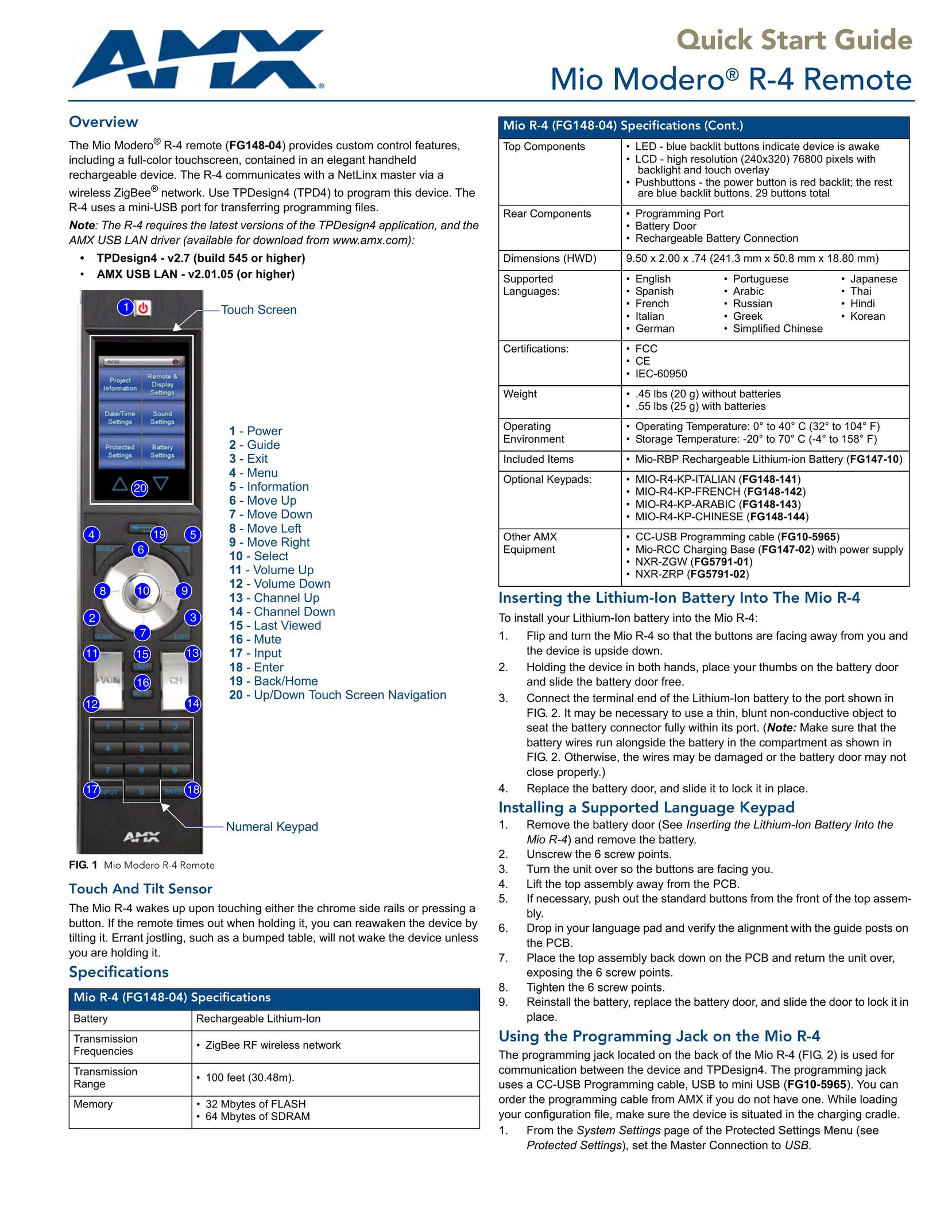 AMX FG148-04 Universal Remote User Manual