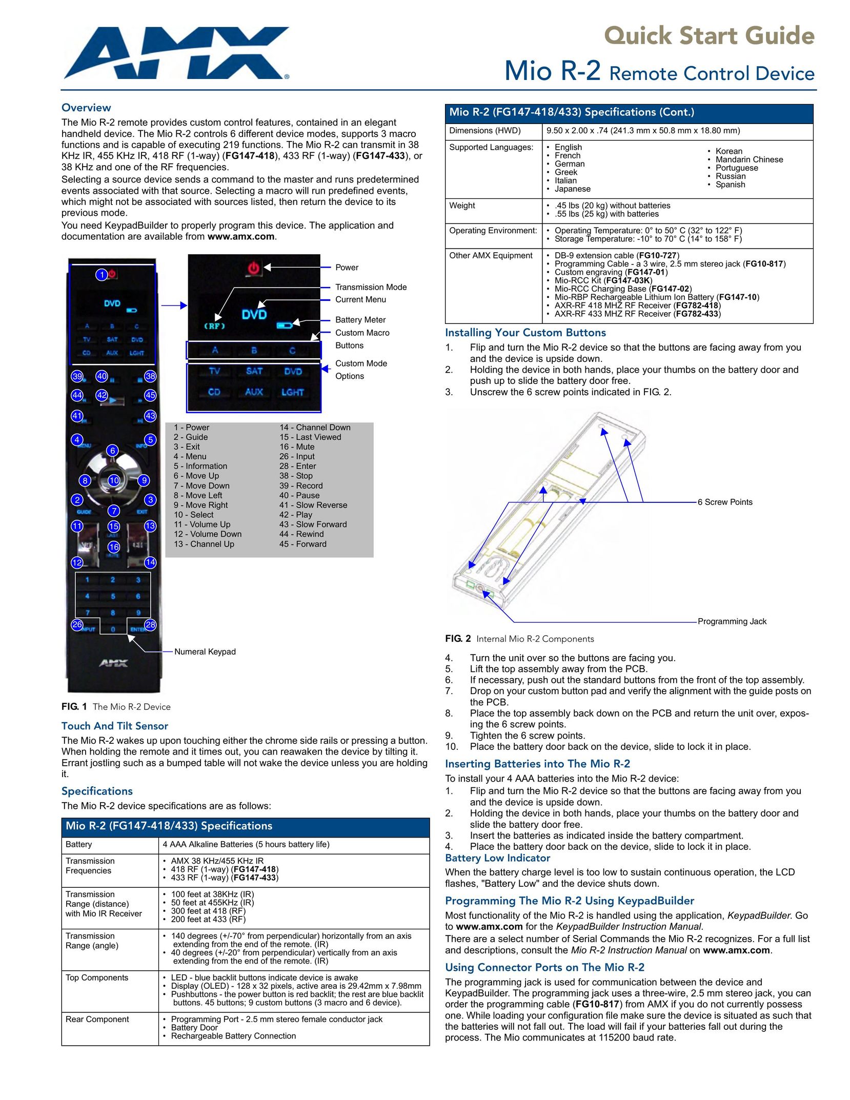 AMX Mio R-2 Universal Remote User Manual