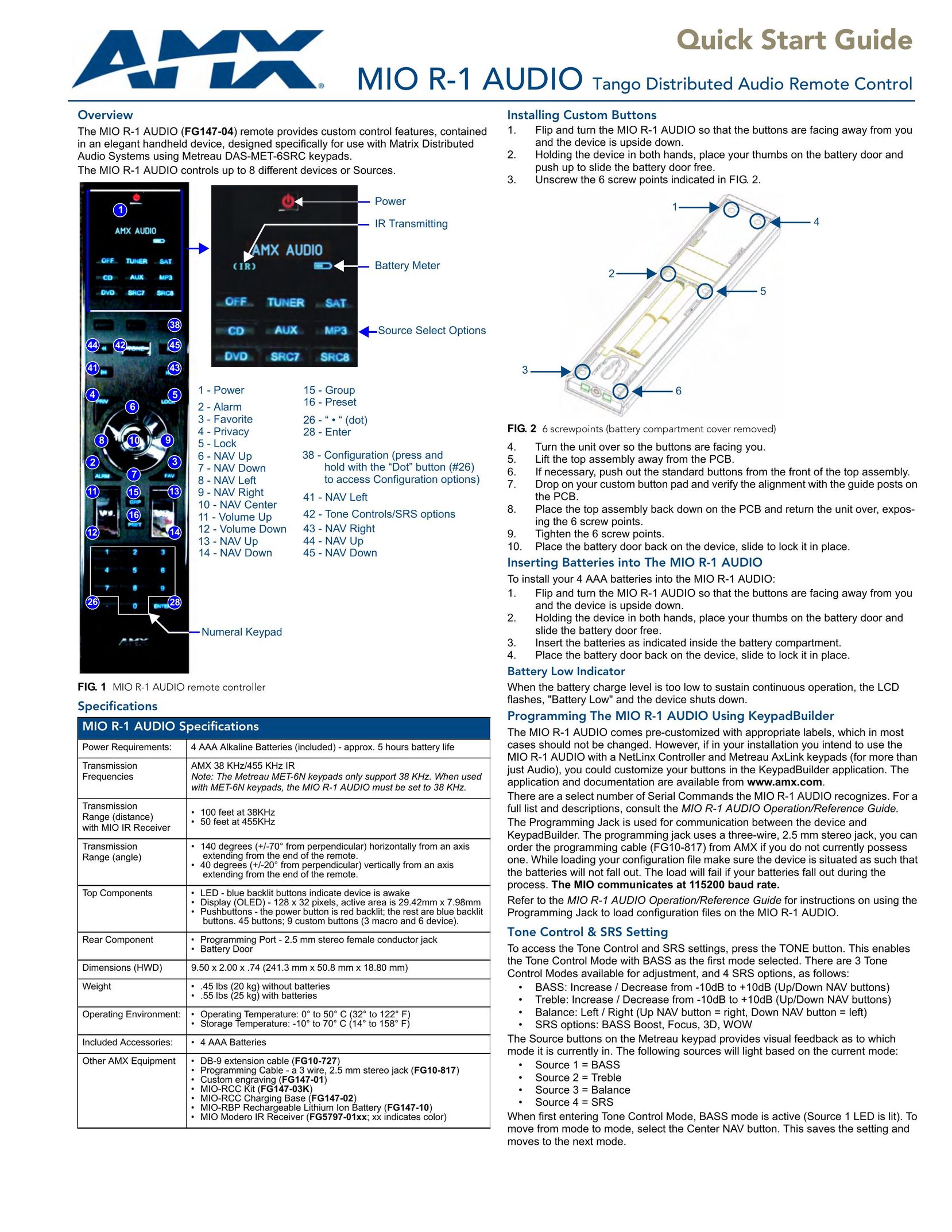 AMX MIO-R1-AUDIO Universal Remote User Manual