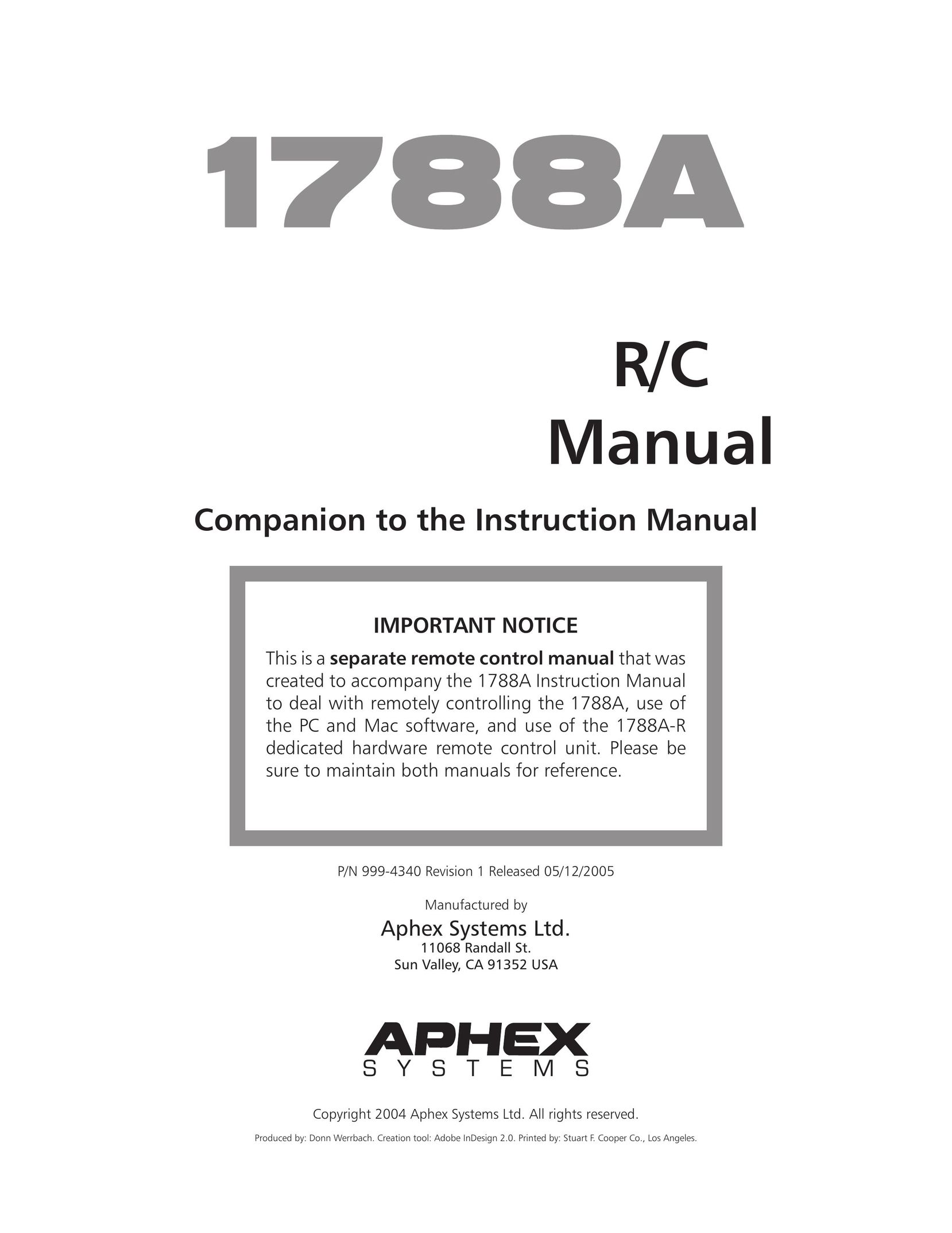 Aphex Systems 1788a Universal Remote User Manual