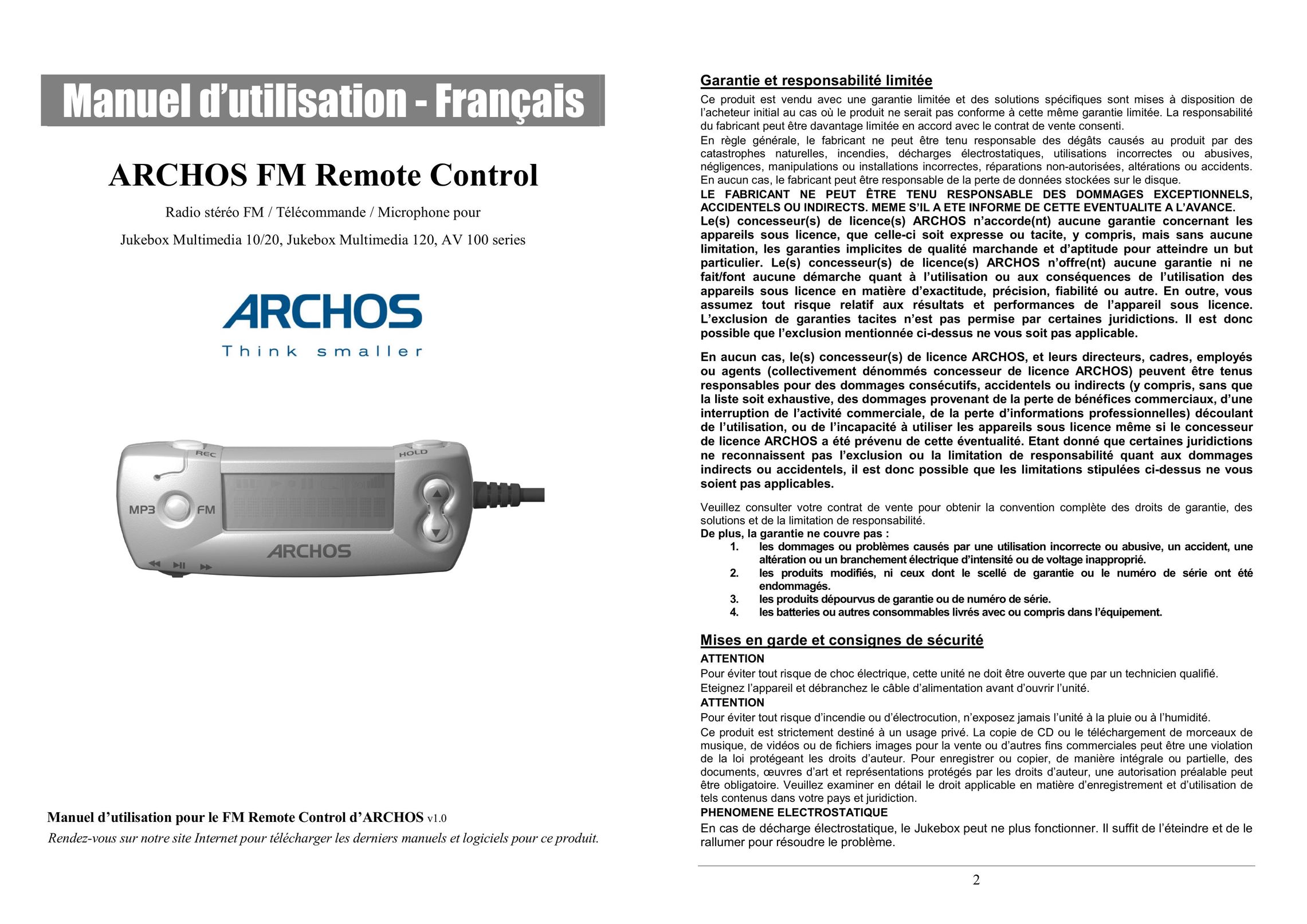Archos FM Remote Control Universal Remote User Manual