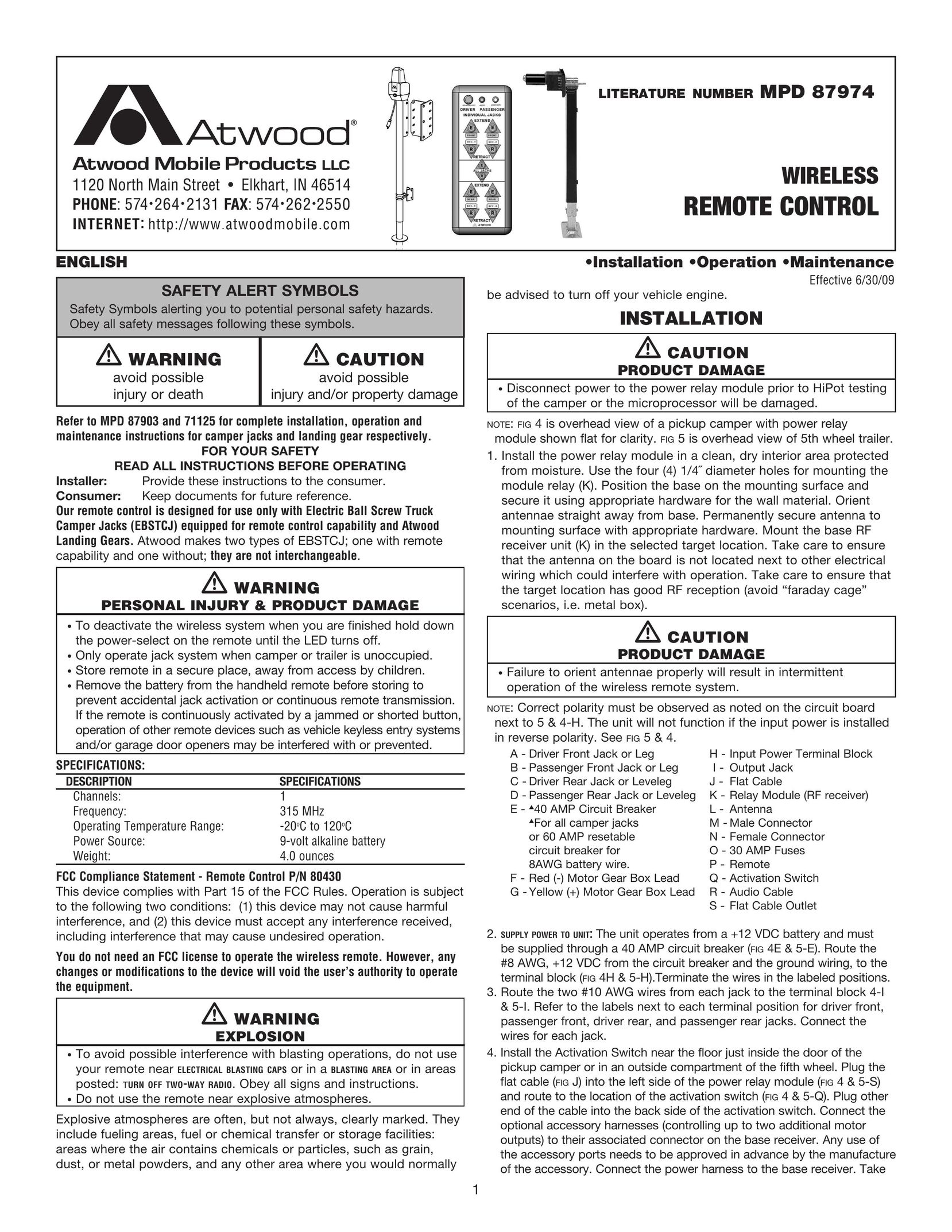 Atwood Mobile Products MPD 87903 Universal Remote User Manual