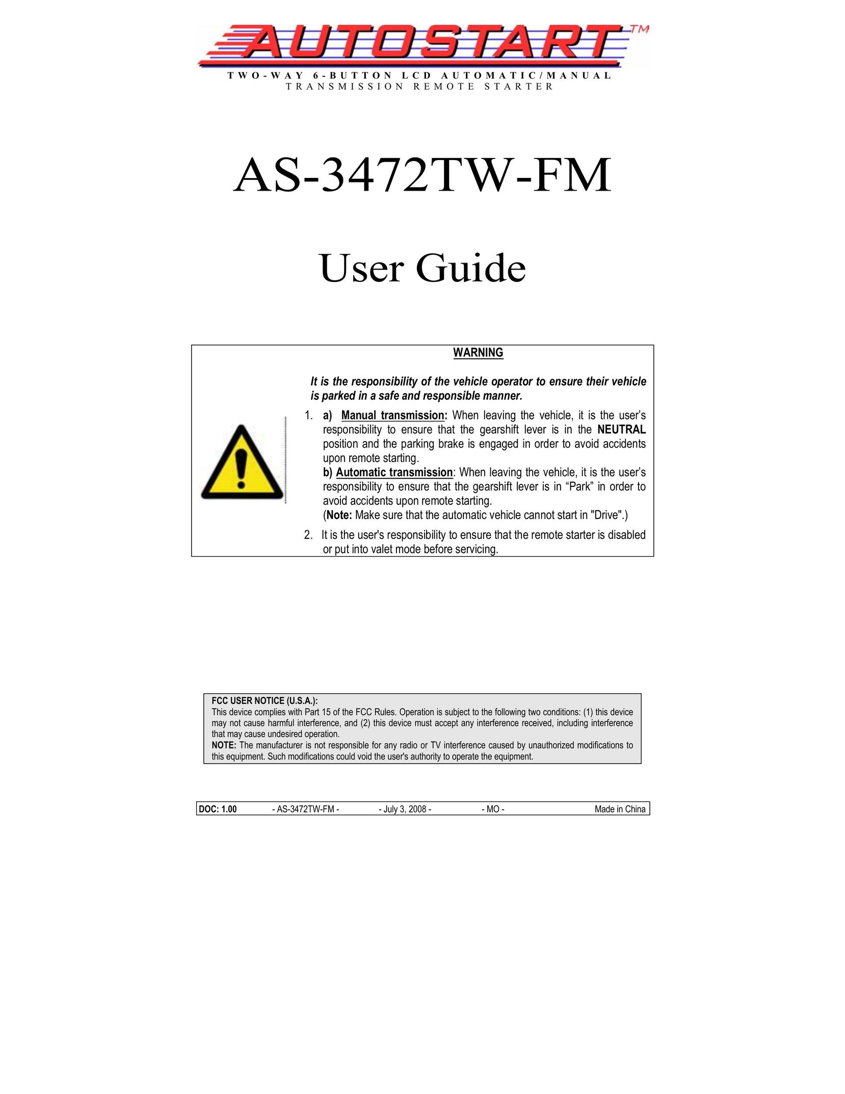 Autostart AS-3472TW-FM Universal Remote User Manual