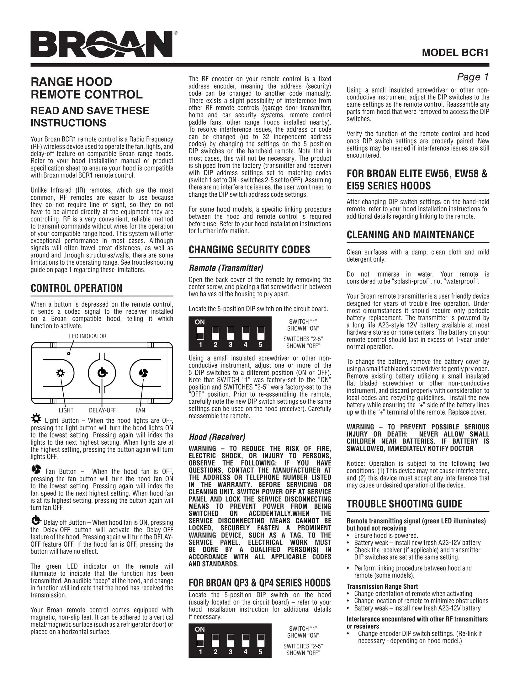 Broan BCR1 Universal Remote User Manual