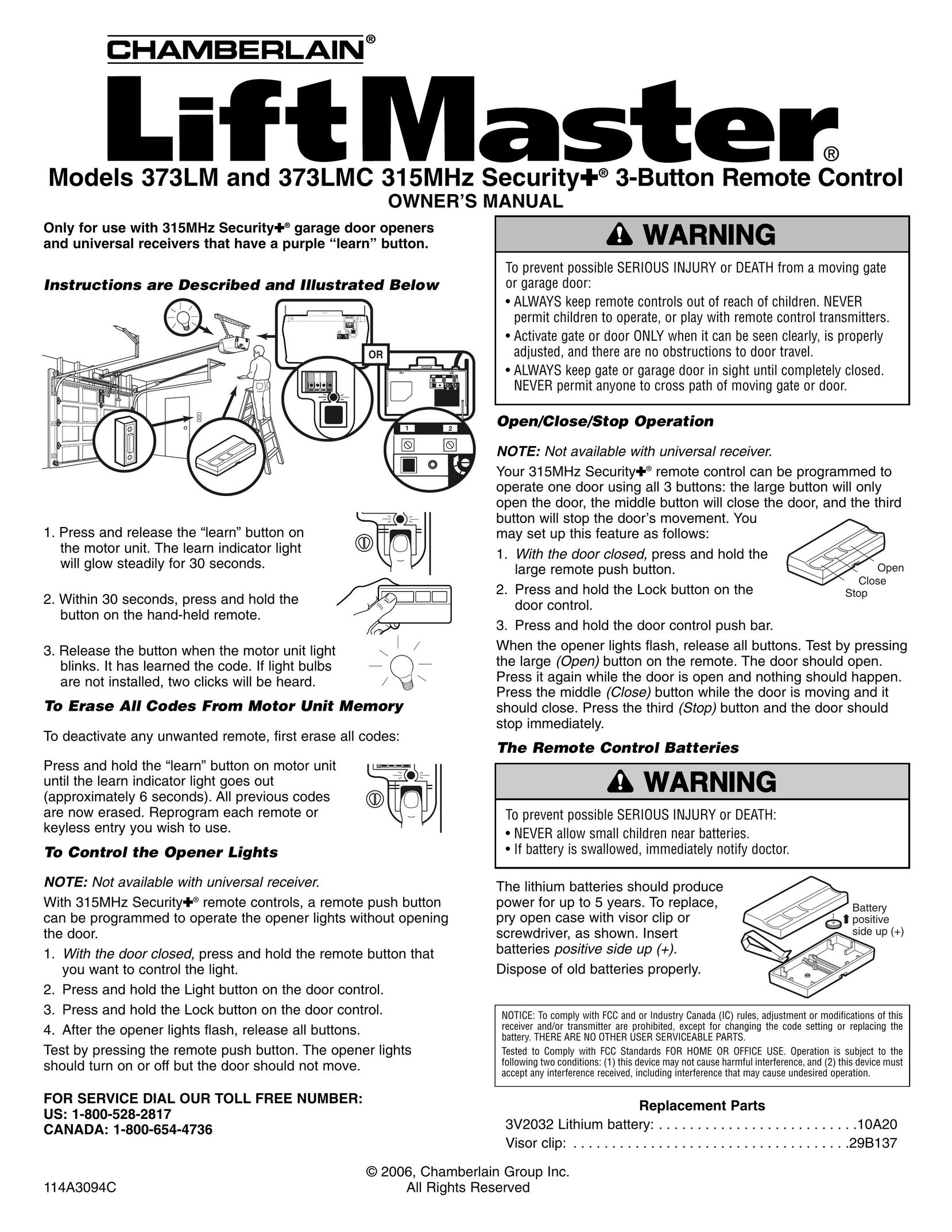 Chamberlain 373LMC 315MHz Universal Remote User Manual